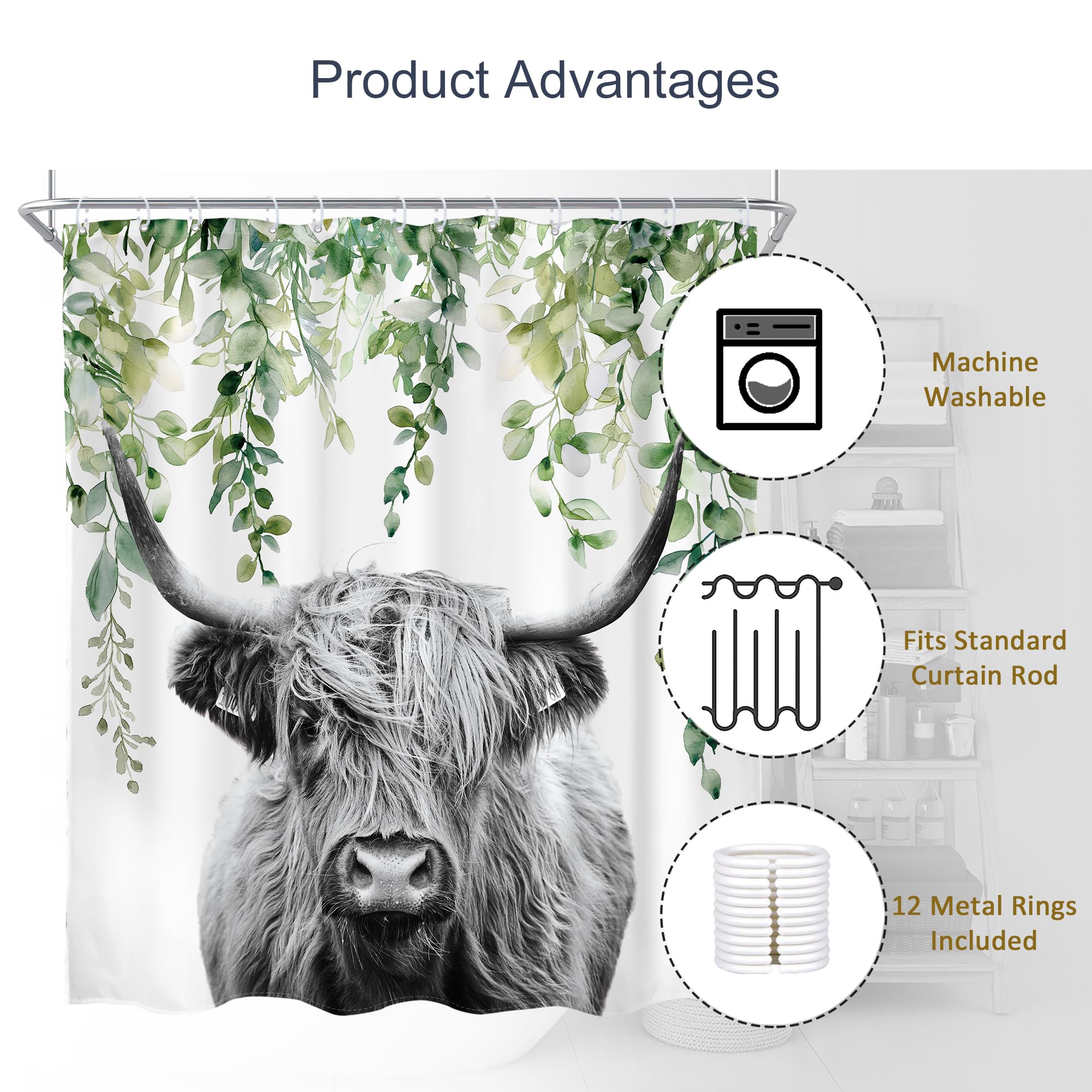 AMBZEK Highland Cow Shower Curtain 72Wx72L Inch Farmhouse Rustic Funny Bull Eucalyptus Leaves Plants Western Country Artwork Cloth Fabric Waterproof Polyester Bathroom Decor Set with 12 Pack Hooks