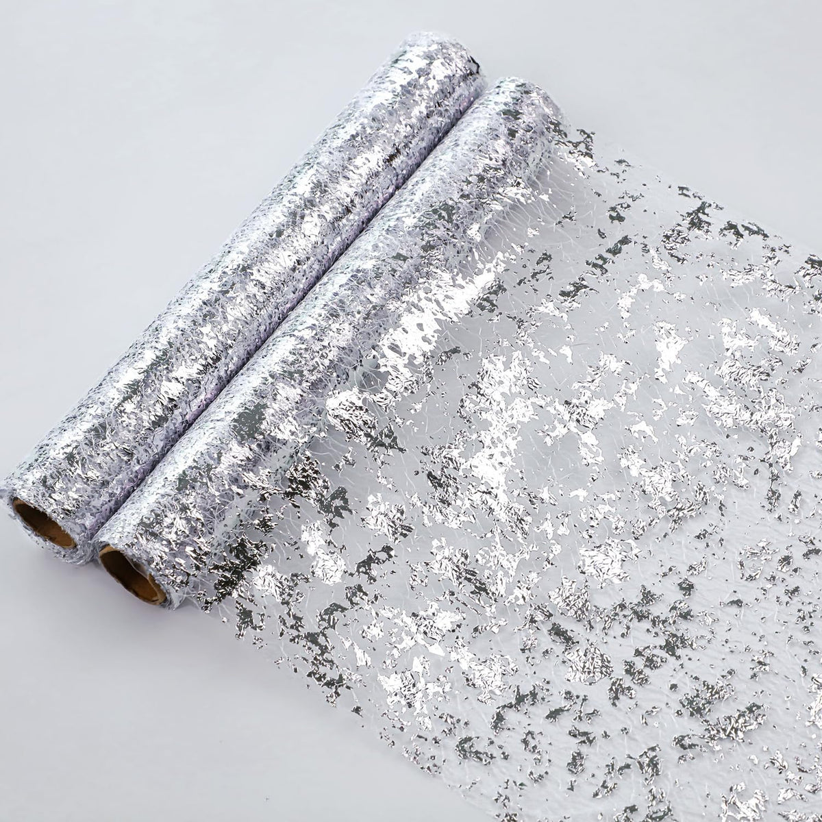 Snowkingdom 2 Pieces Silver Table Runner, Sequin Glitter Foil Metallic Silver Thin Mesh Table Runner Roll 11''X108'', Silver Tab