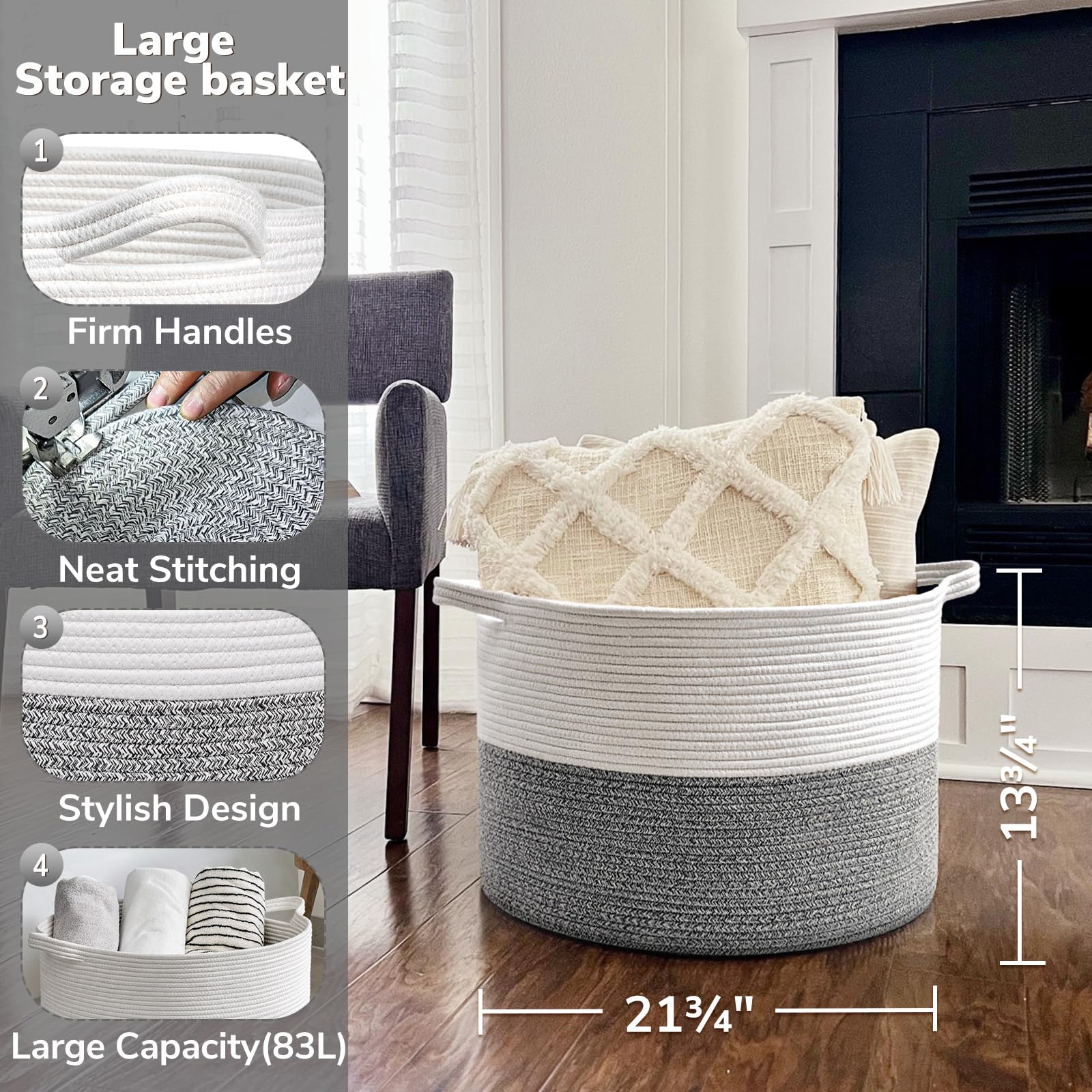 Goodpick Extra Large Rope Basket, 83L Blanket Basket Living Room, Baby Toy Storage Basket, Soft Towel Basket, Woven Storage Bask