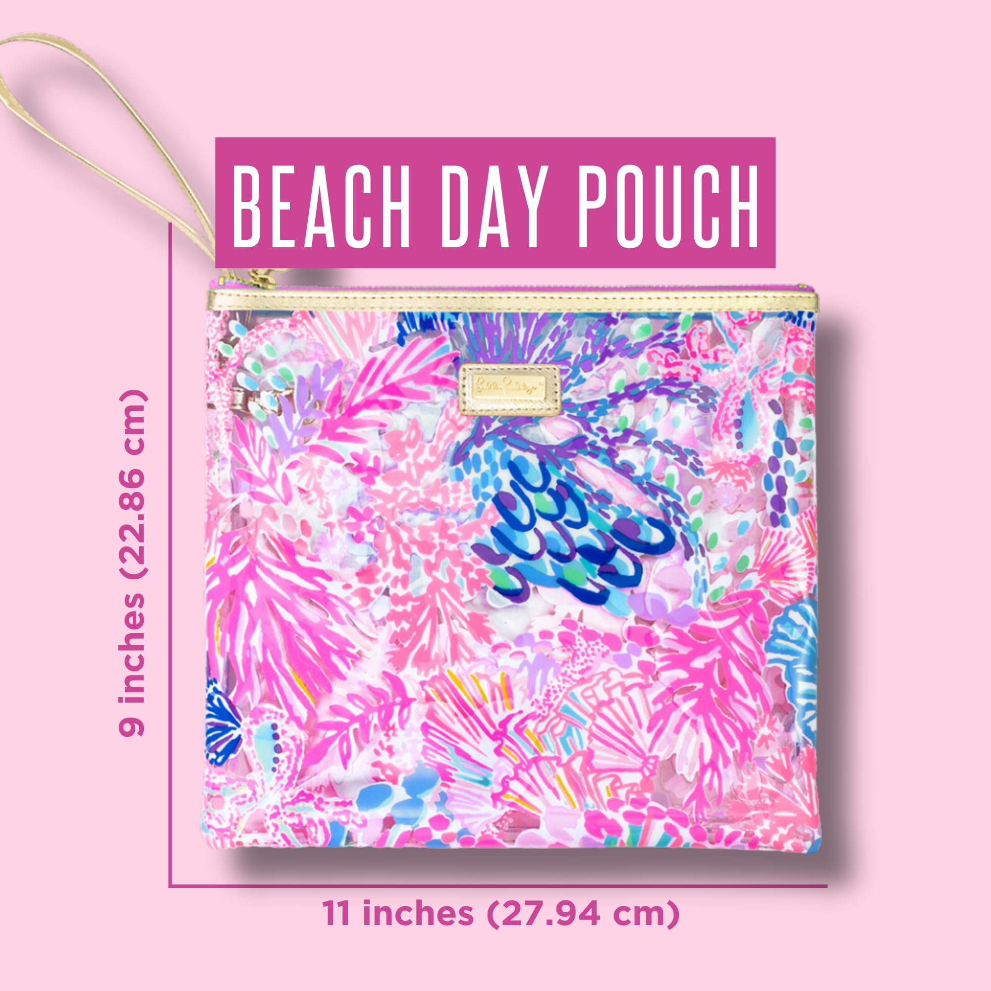 Lilly Pulitzer Water Resistant Vinyl Beach Day Pouch, Zipper Bag Includes Drink Hugger, Small Pouch, And Towel Clips, Splendor I