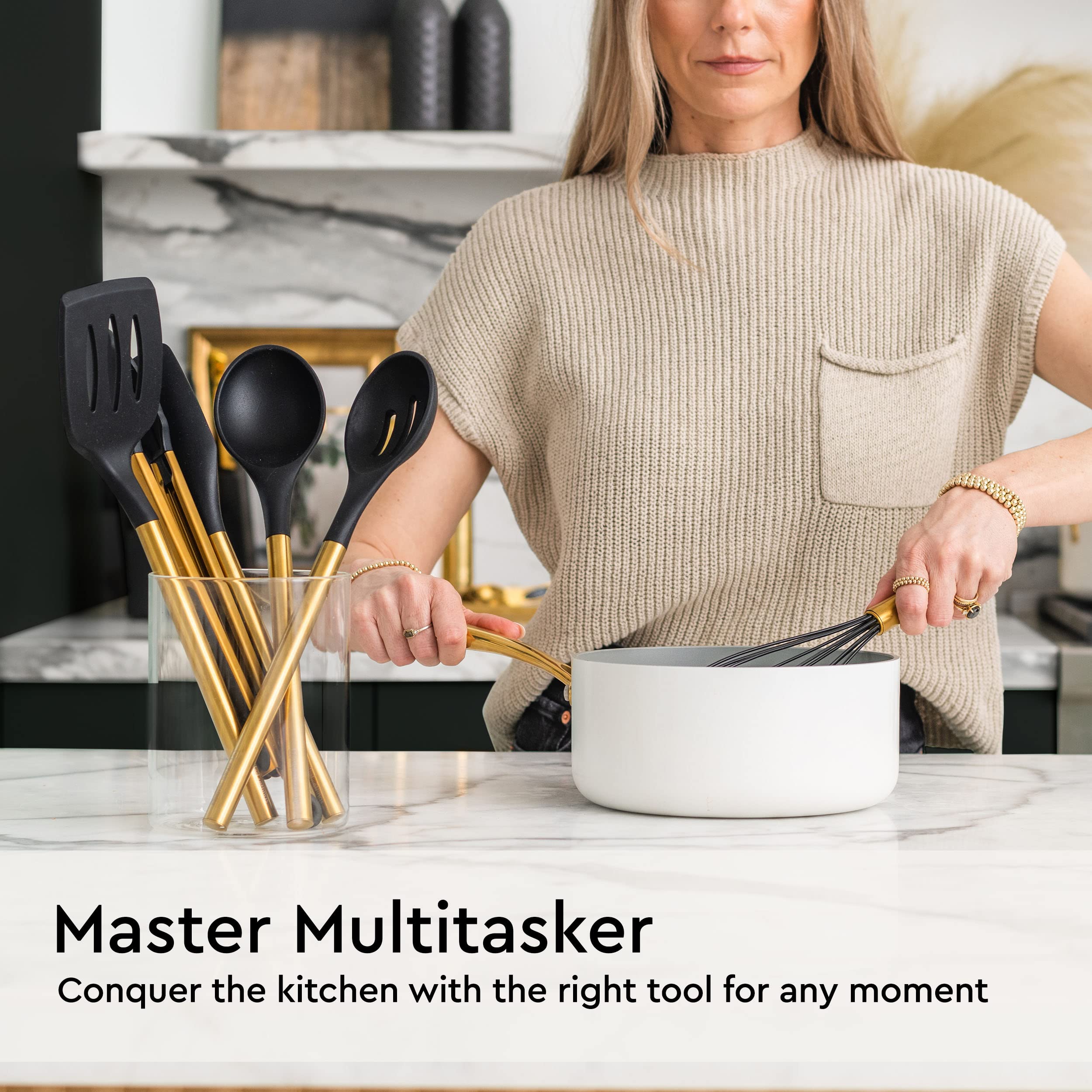 Black And Gold Kitchen Utensils Set 6Pc Black Silicone Utensils Set Includes: Gold Tongs, Gold Whisk, Gold Serving Spoon, Gold S