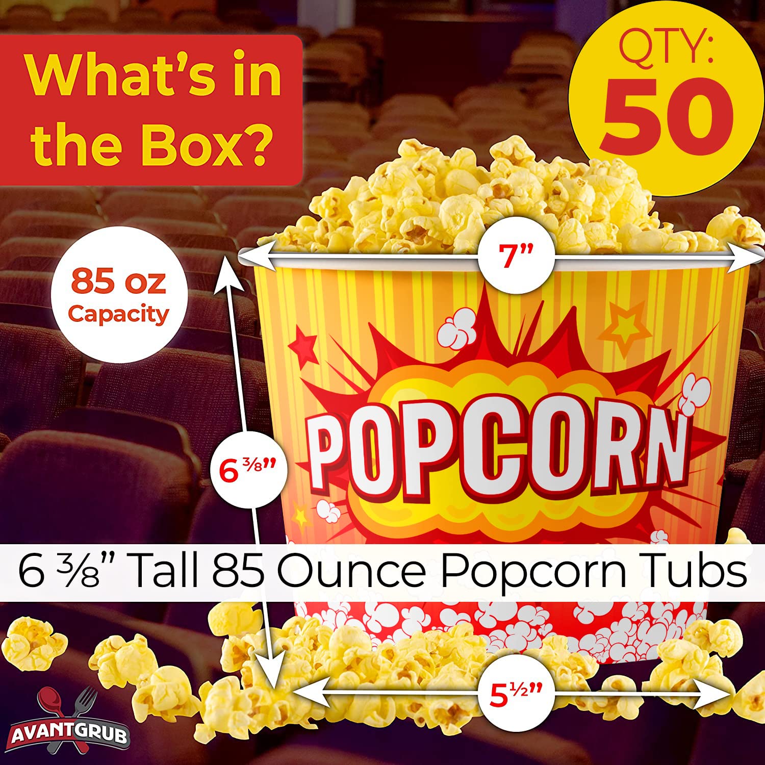 Greaseproof, Retro 85Oz Popcorn Buckets 50 Pack. Reusable And Durable Pop Corn Tubs In Red Yellow. Large Disposable Containers P