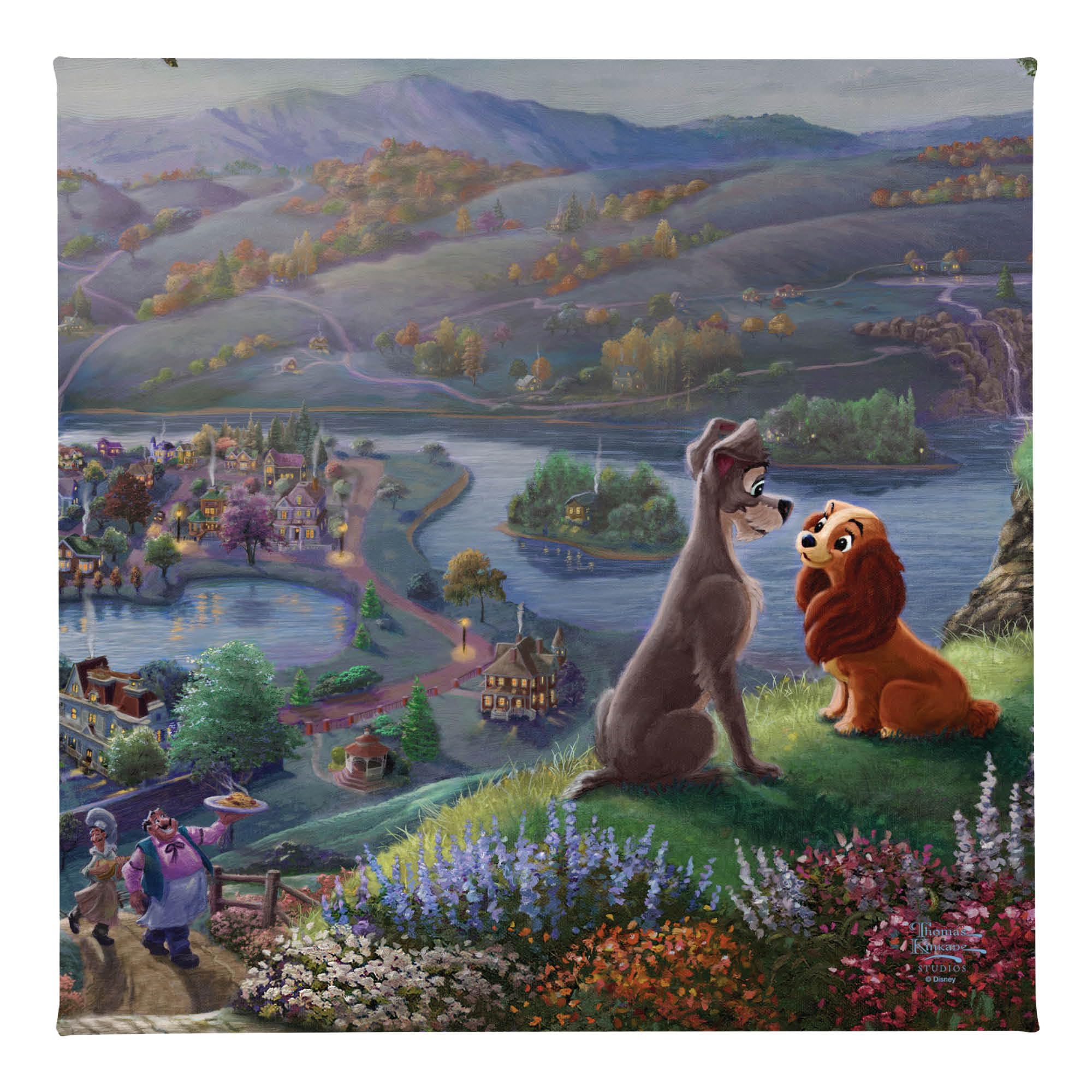 Thomas Kinkade Disney Lady And The Tramp Falling In Love 14'' X 14'' Gallery Wrapped Canvas | Frameless Room Wall Art | Certific
