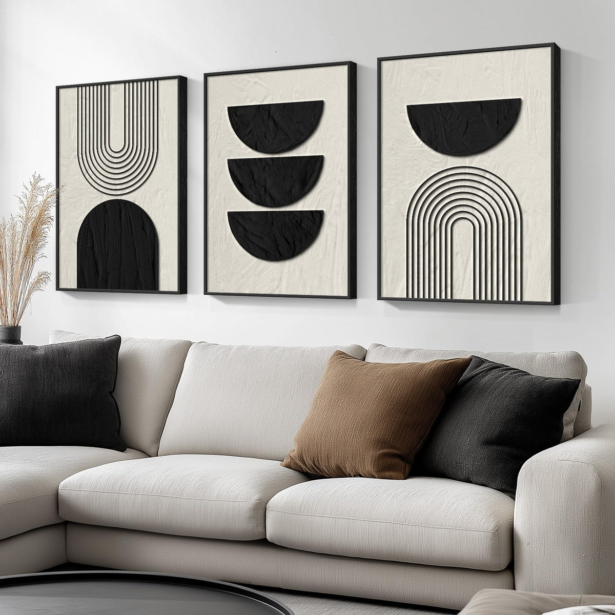 Framed Boho Wall Art For Living Room, Large 3 Piece Neutral Geometric Black And Beige Abstract Pictures Wall Art Decor, Farmhous