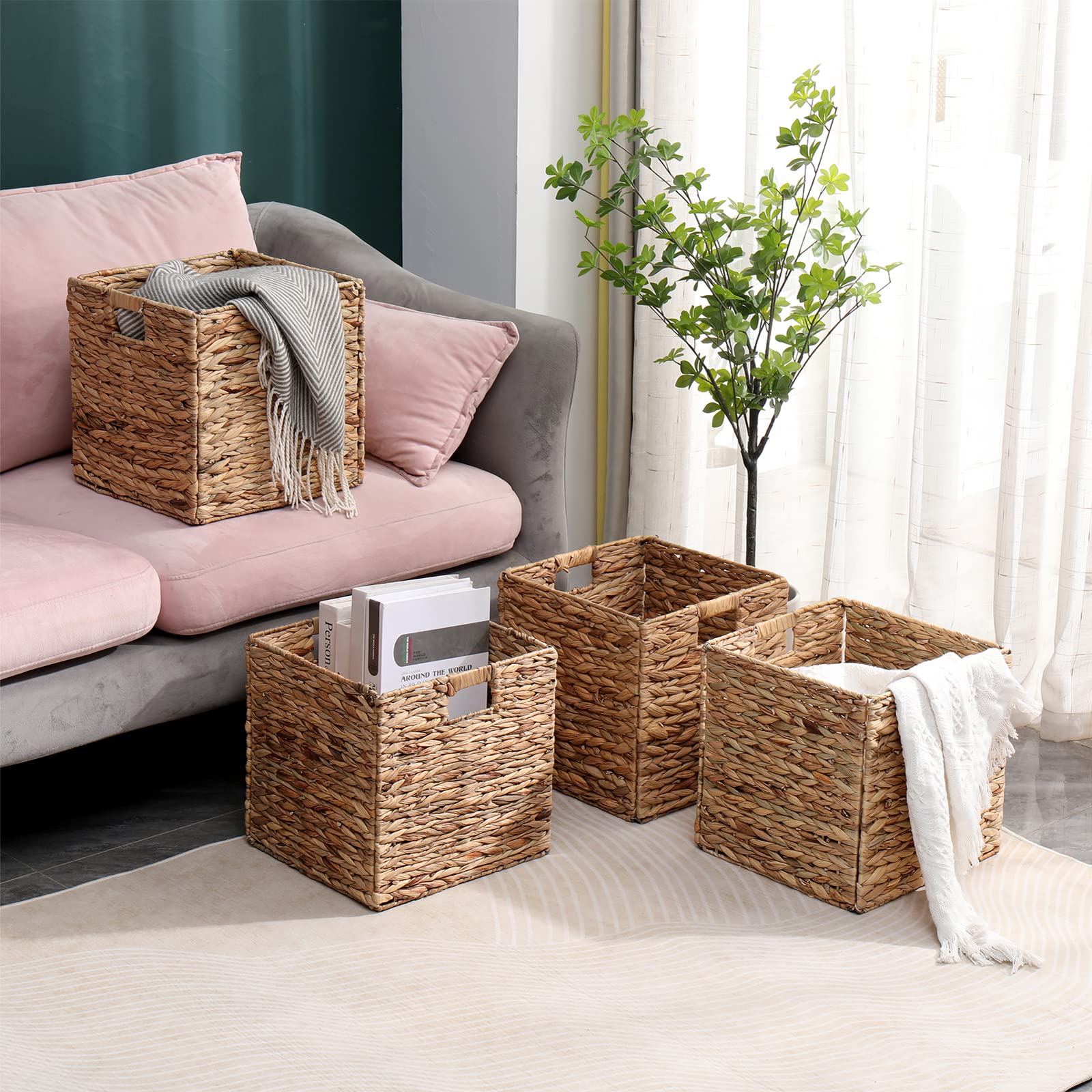Jcld&Yo9 Foldable Handwoven Water Hyacinth Storage Baskets Wicker Cube Baskets Rectangular Laundry Organizer Totes,Set Of 4 Pcs,