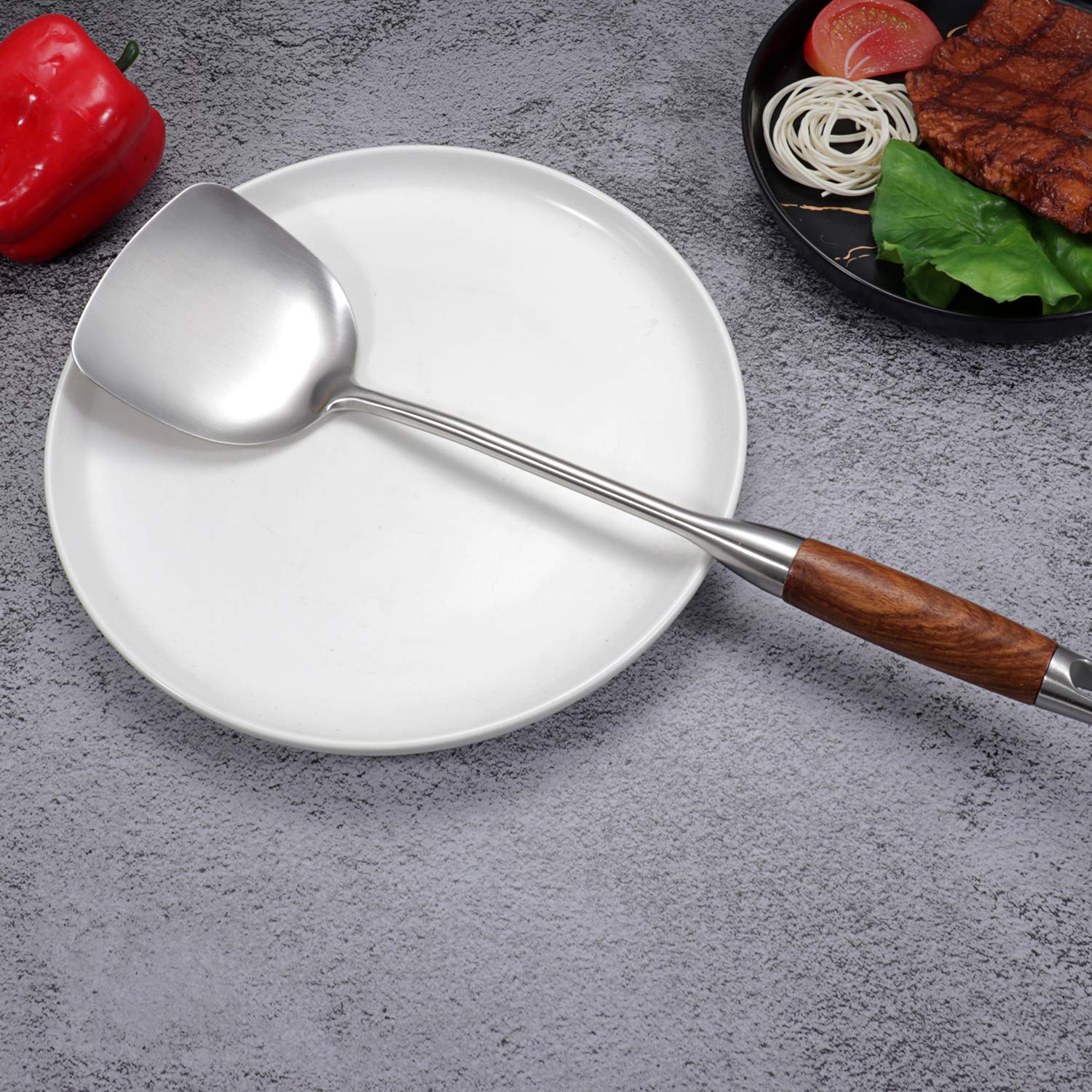 Aoosy Wok Spatula, 18/10 Stainless Steel Professional Wok Spatula Turner With Heat Resistant Wooden Handle, Kitchen Utensil Cook