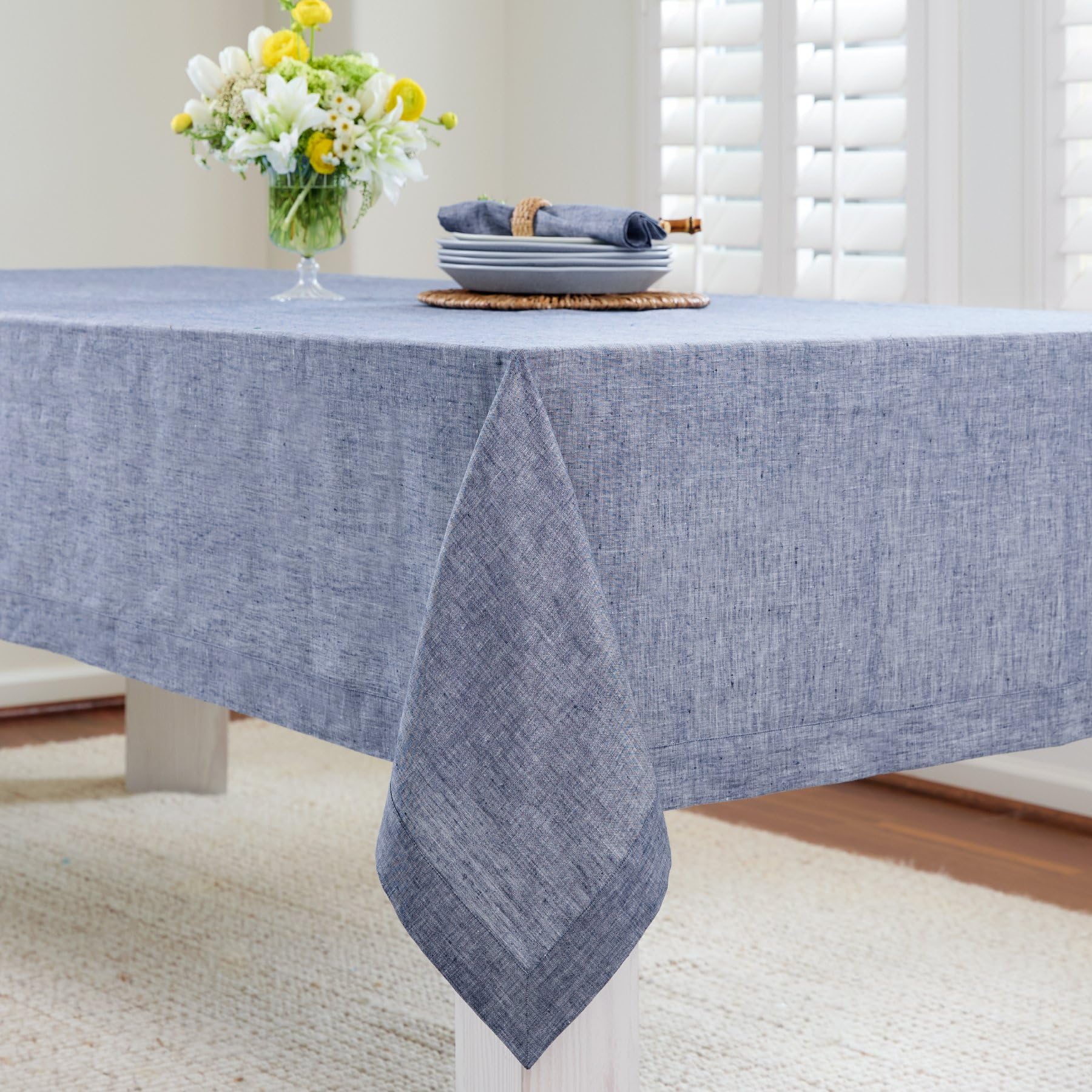 Solino Home Linen Tablecloth 144'' L X 60'' W Inch - 100% Pure Linen Chambray Indigo Table Cloth For Rectangle Tables - Athena,