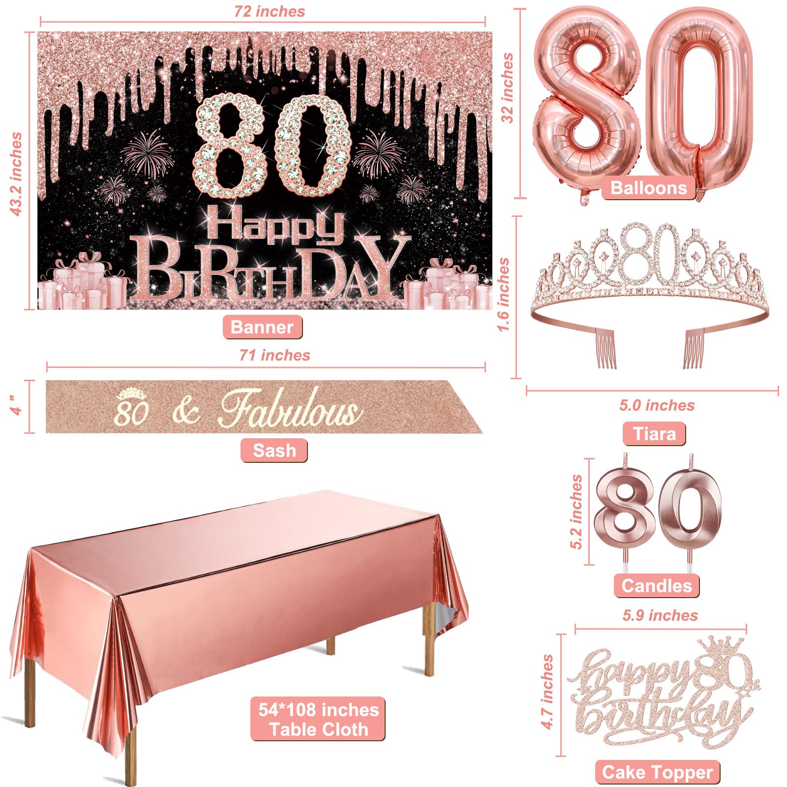 80Th Birthday Decorations For Women With Banner, Rose Gold Tablecloth, Number Balloons, 80Th Birthday Sash And Tiara, Cake Toppe