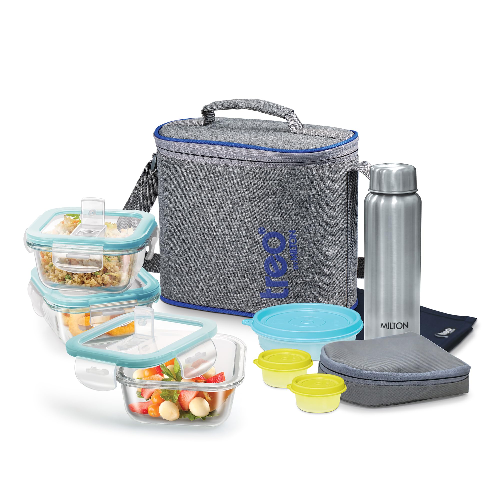 Treo By Milton All Fresh Premier Tiffin Square Set of 8(3  Containers, 320 ml Each;1  Steel Bottle, 750 ml;2  Pickle/Chutney 