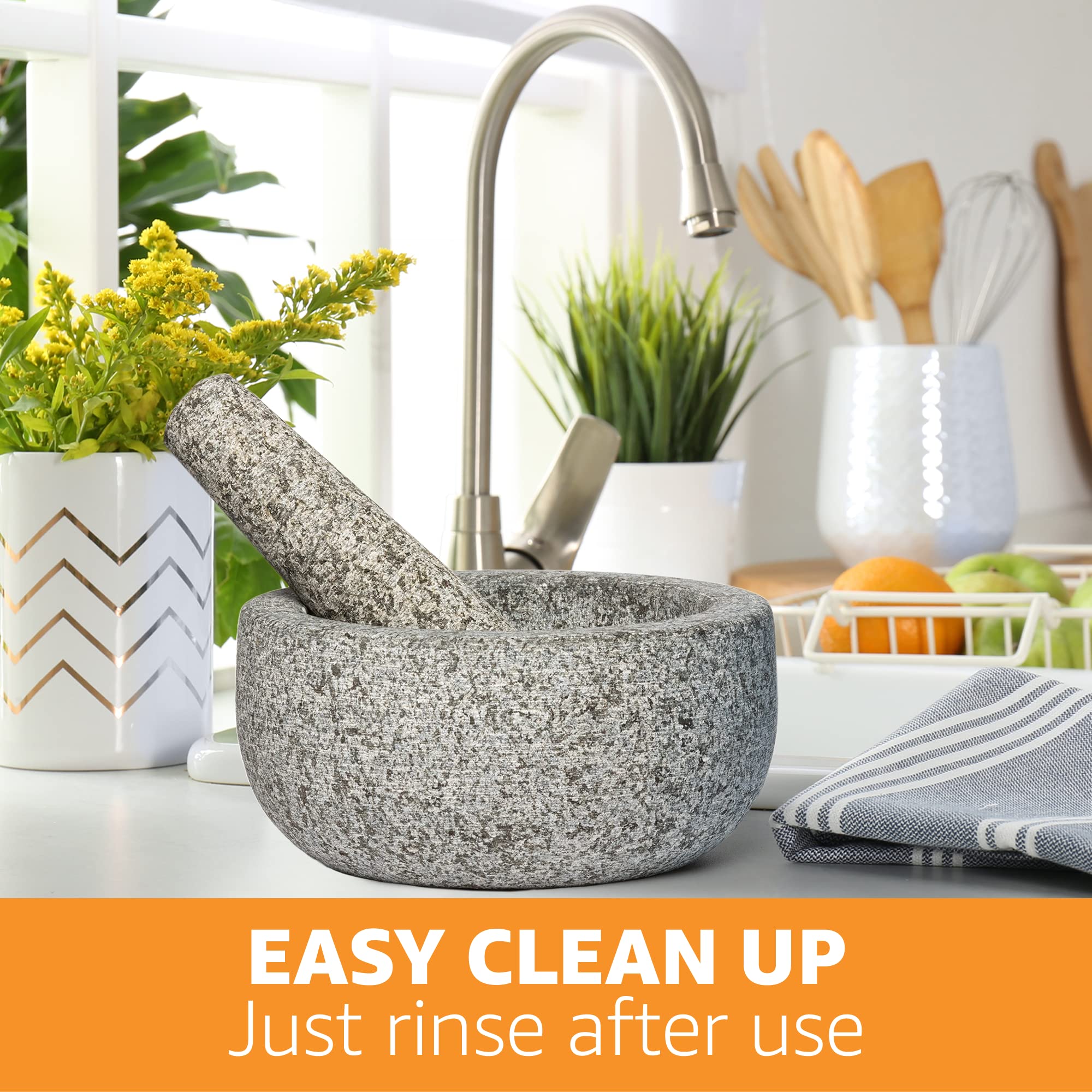 Heavy Duty Large Mortar And Pestle Set, Hand Carved From Natural Granite, Make Fresh Guacamole, Salsa, Pesto, Stone Grinder Bowl