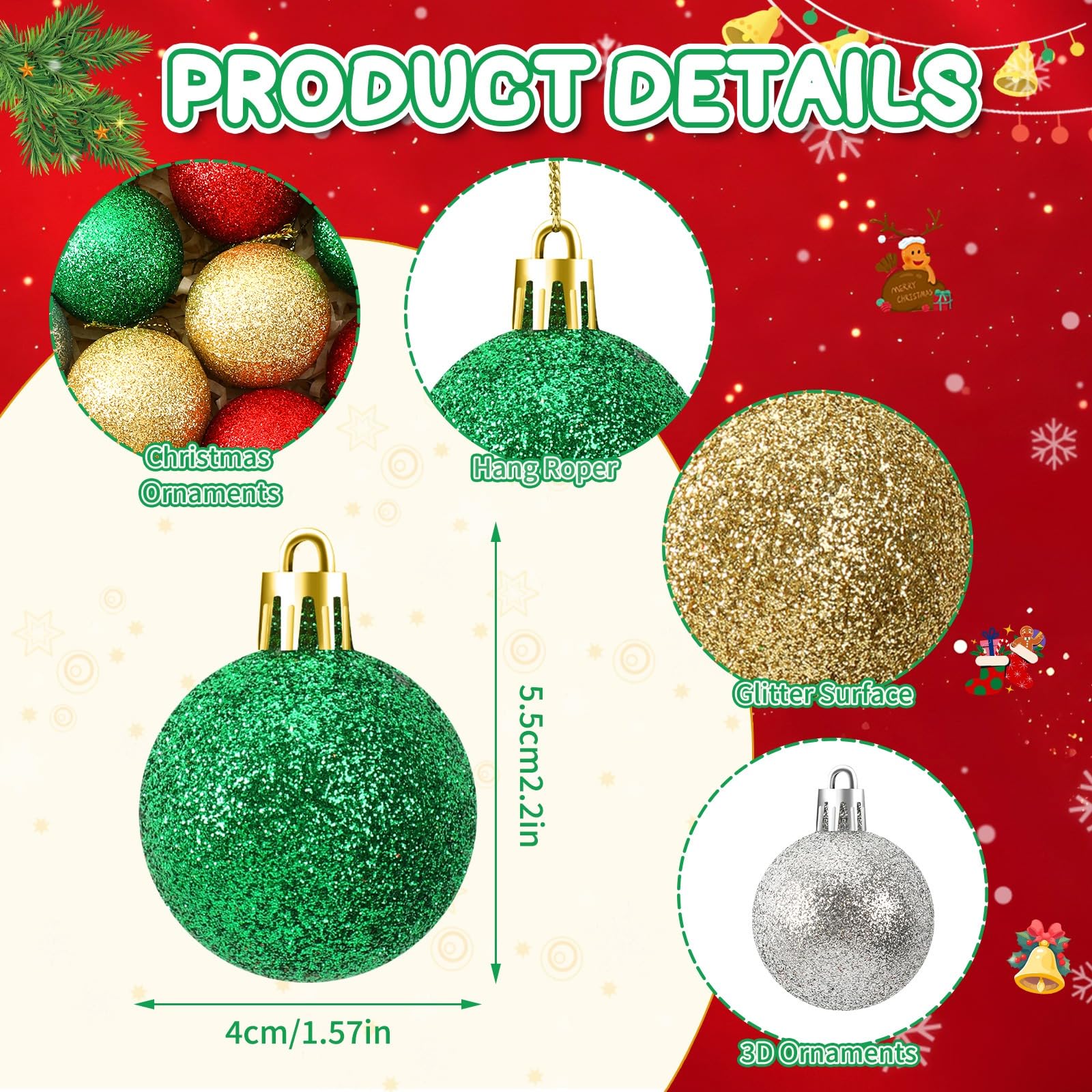 JULMELON 36PCS Christmas Ball Ornaments Hanging Balls Shatterproof Decorations for Xmas Tree, Home Decor for Party, Holiday, Wed