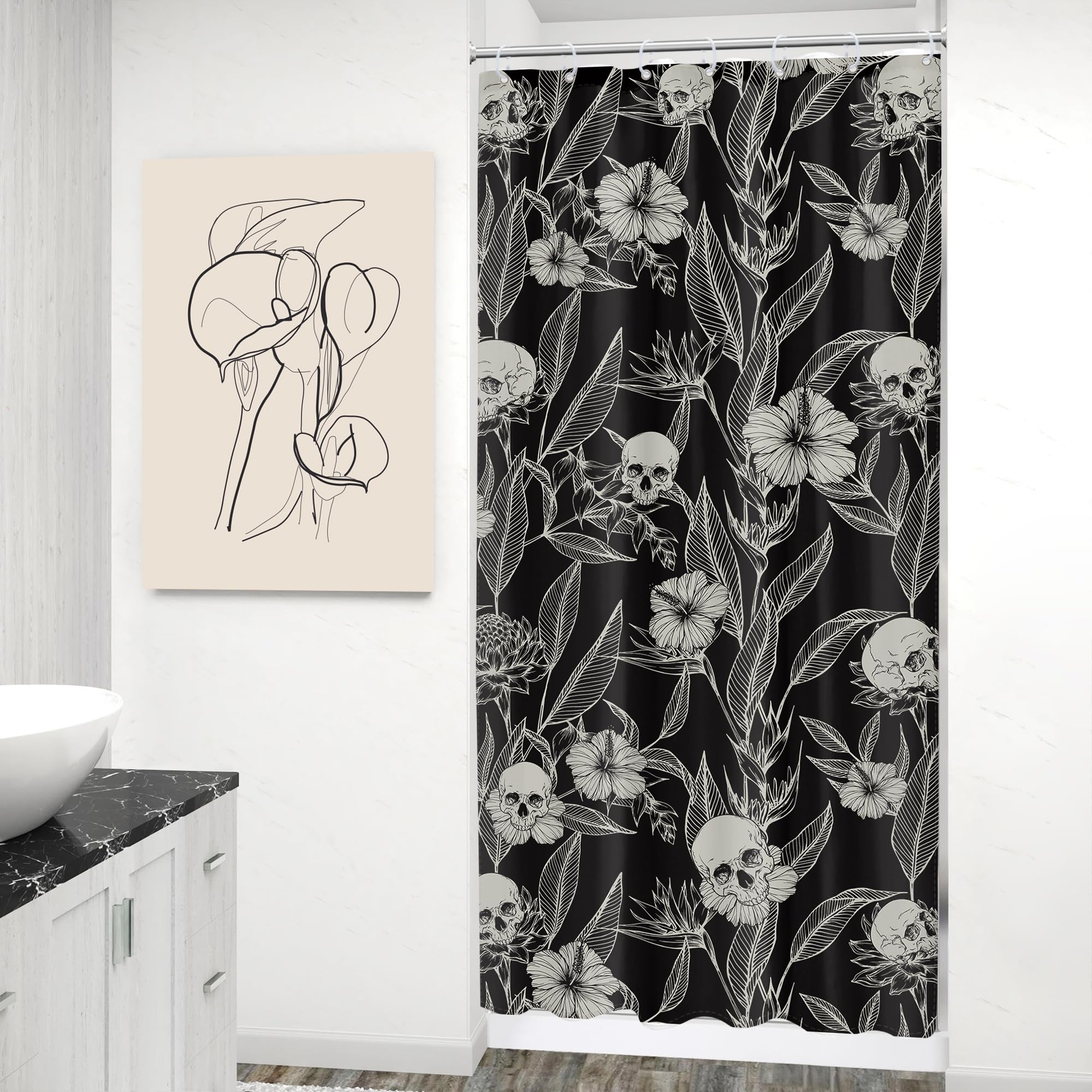Ambzek Small Stall Gothic Skull Floral Shower Curtain 36Wx72L Inch Men Single Rv Goth Skeleton Spooky Flower Leaves Cool Hallowe