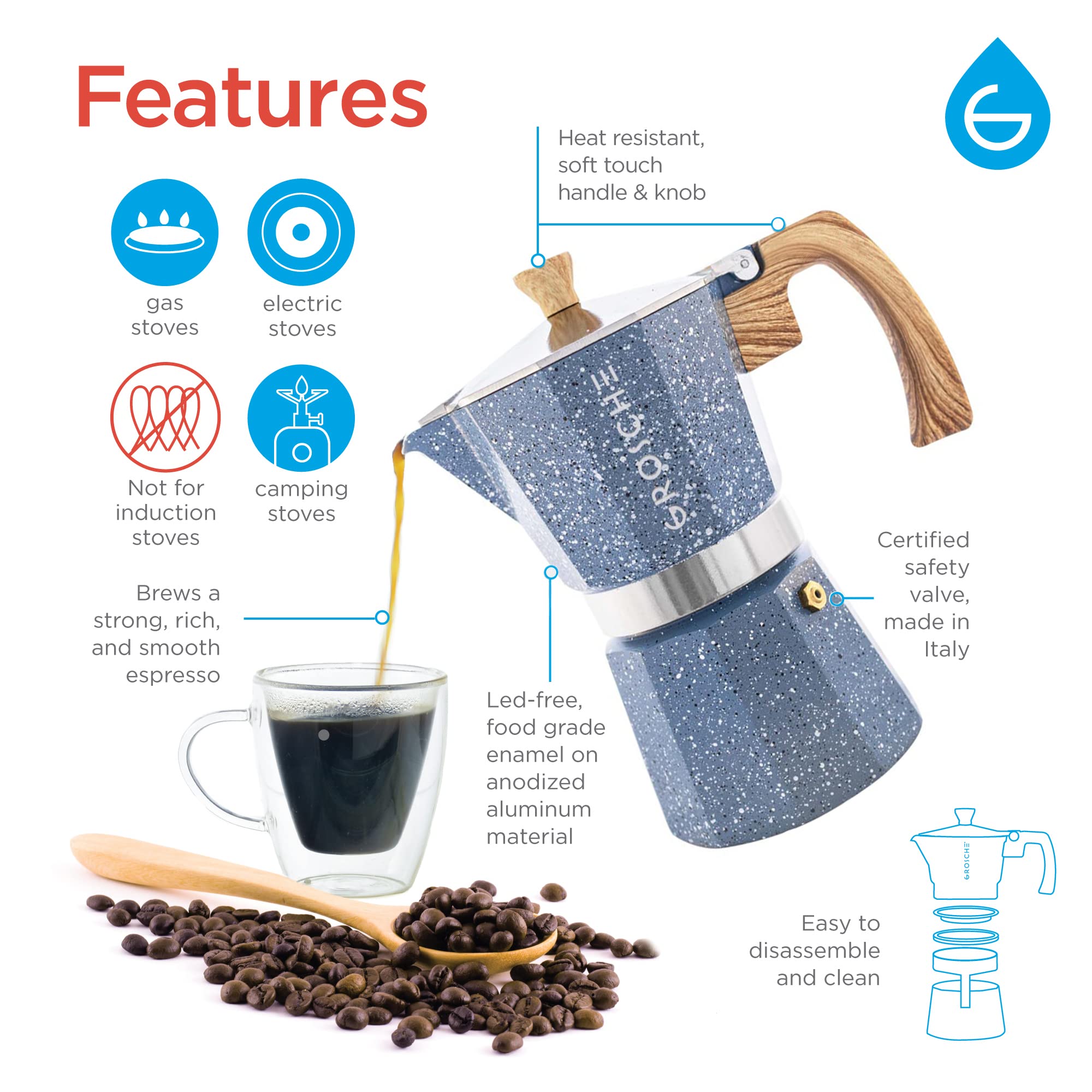 GROSCHE Milano Moka pot  Stovetop Espresso maker  Greca Coffee Maker  Stovetop coffee maker and espresso maker percolator (Indigo  3 cup)