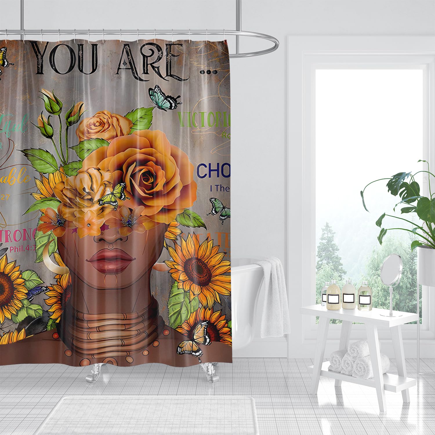 African Woman Shower Curtain Afro American Black Girl Shower Curtain Rose Sunflower Shower Curtains Inspirational Quotes Waterpr