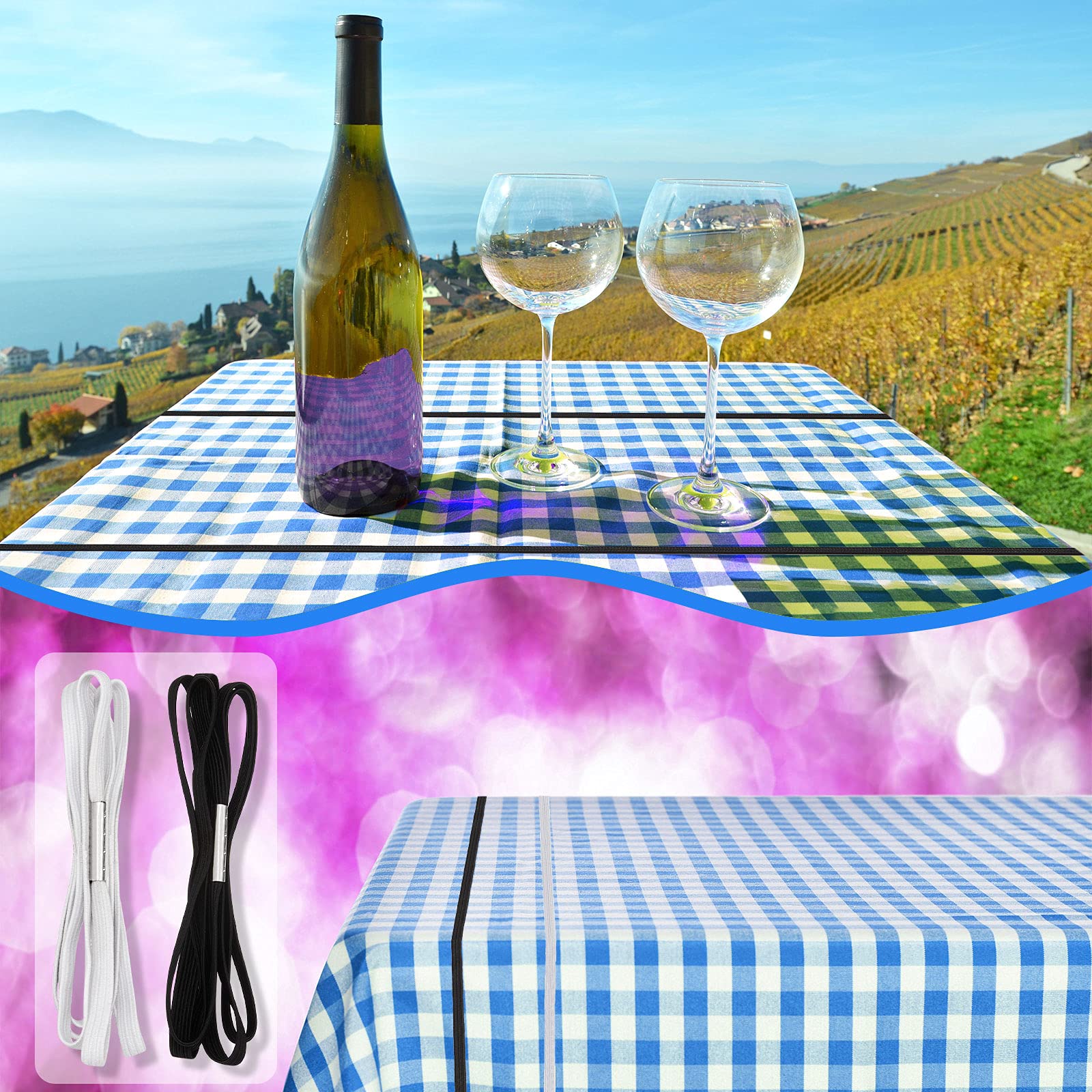 Table Bungees Tablecloth Strap Band Tablecloth Bungee Cord to Hold Down Table Cloth for Outdoor Tables Kitchen Tables Picnic Camping Wedding Party(White  Black 16 Pieces)