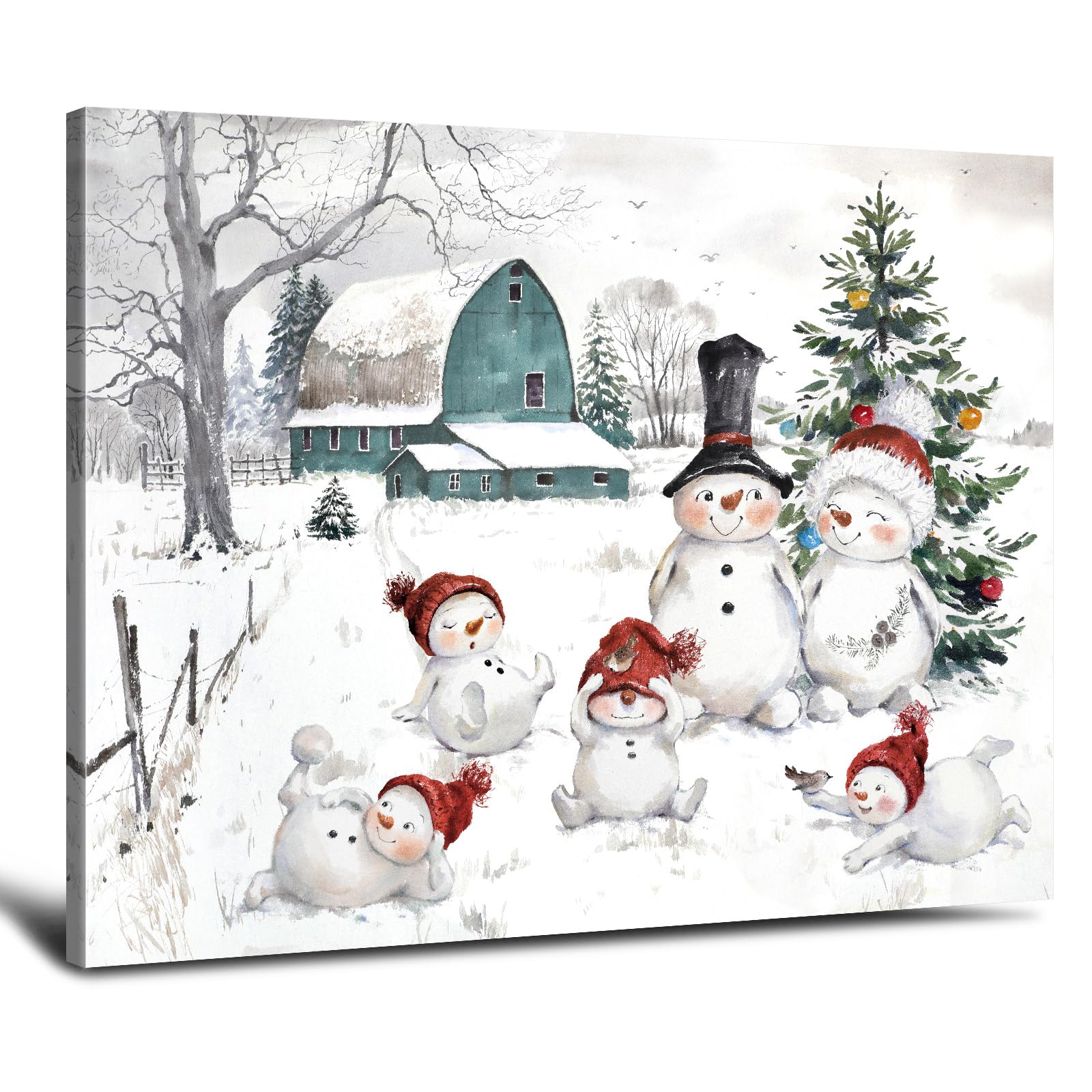 Snowman Christmas Pictures Wall Decor: Christmas Canvas Wall Art Winter Snowman Family Poster Blue Barn Prints Paintings Farmhou