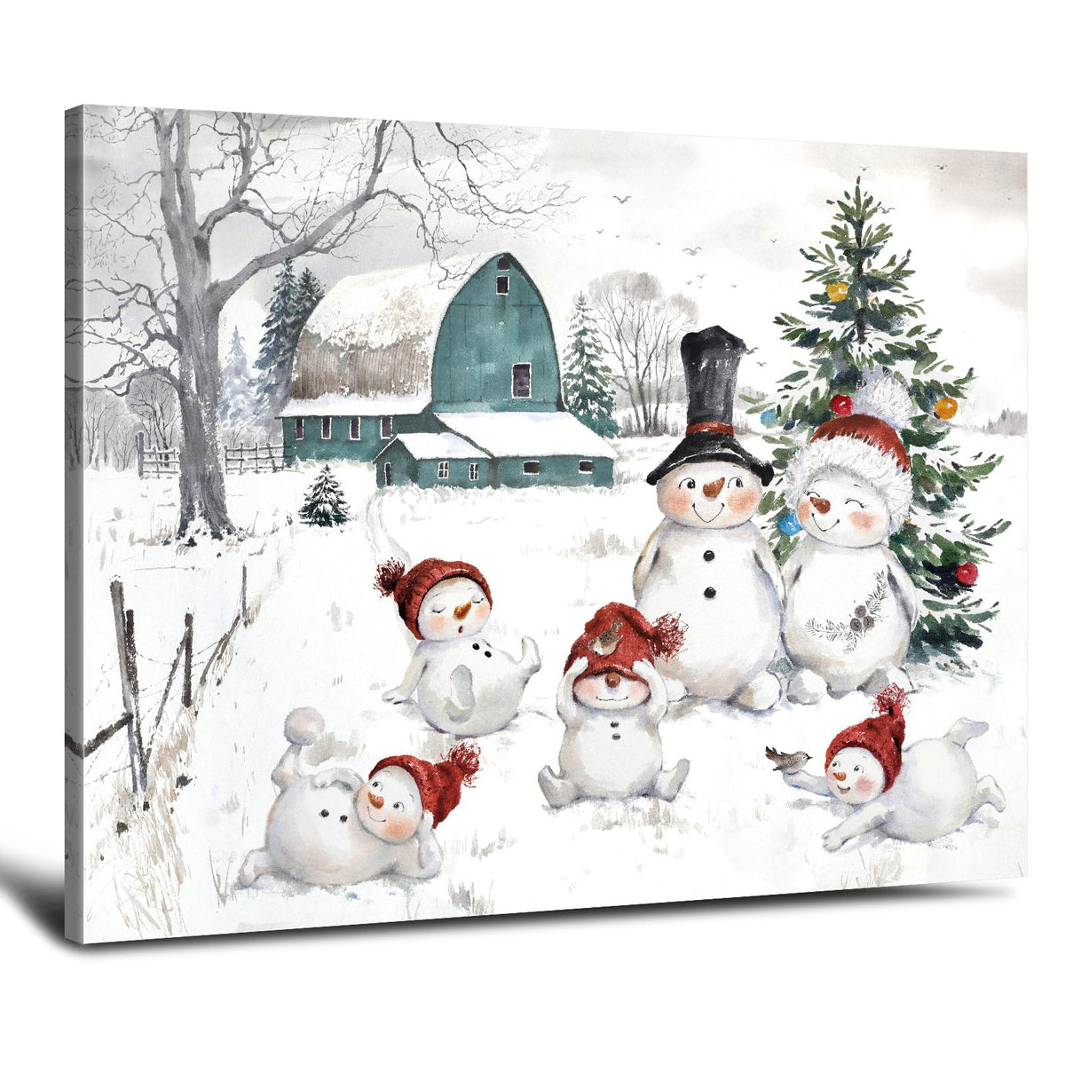 Snowman Christmas Pictures Wall Decor: Christmas Canvas Wall Art Winter Snowman Family Poster Blue Barn Prints Paintings Farmhou