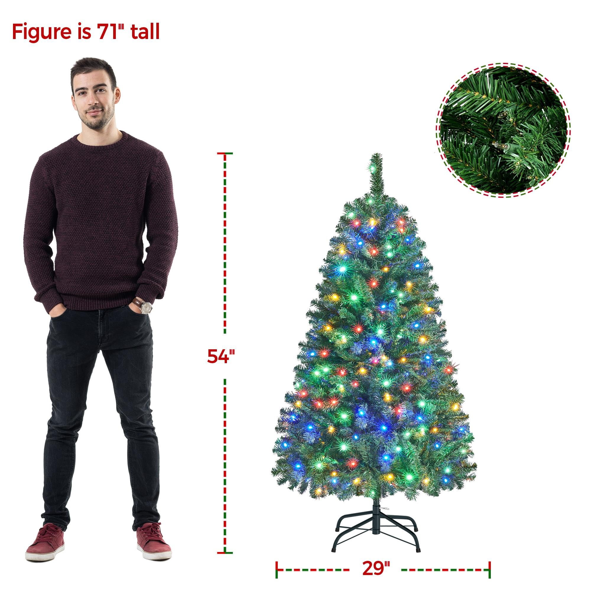 Yaheetech 4.5ft Pre-lit Spruce Artificial Christmas Tree Hinges Tree with 150 Multicolor LED Lights & 324 Branch Tips & Metal St