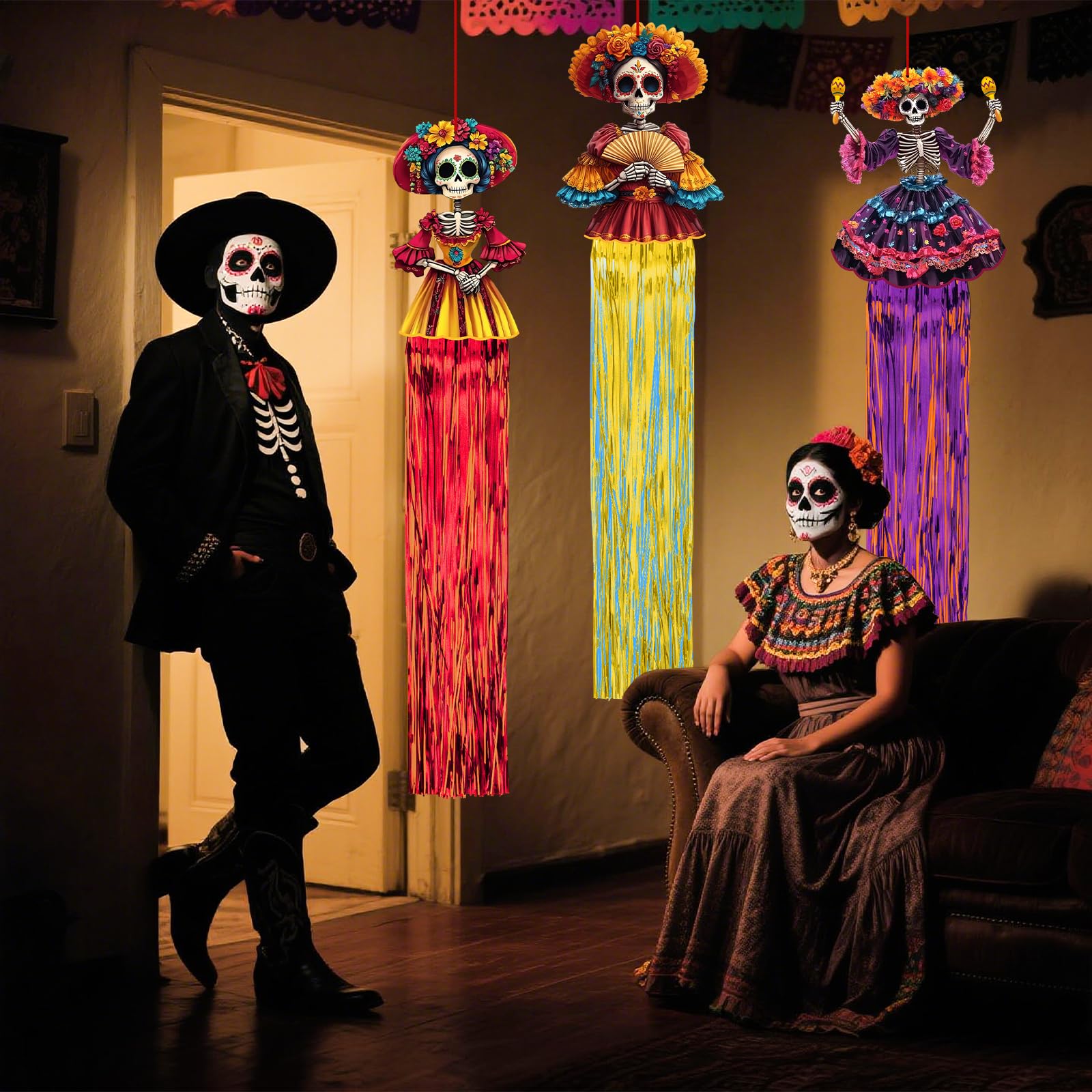 8 Pcs Day of The Dead Sugar Skull Hanging Decorations, 4.9 Ft Dia De Los Muertos Hanging Decorations for Dia de Los Muertos Alta