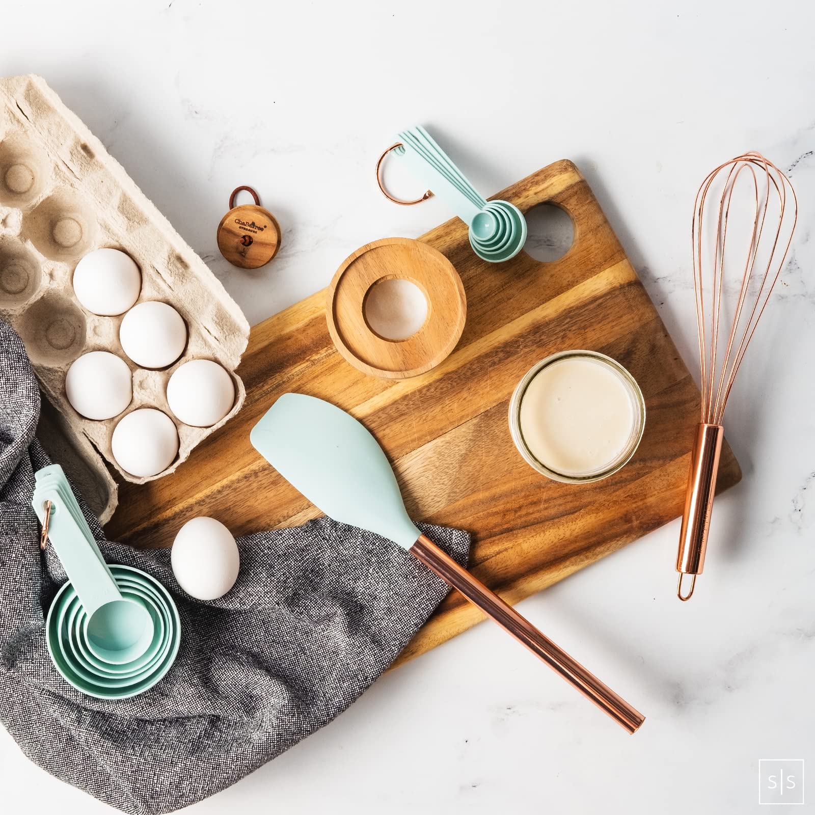 Copper And Teal Kitchen Utensils -17 Pc Copper Kitchen Utensils Set Includes Copper Utensil Holder & Teal Blue And Rose Gold Mea