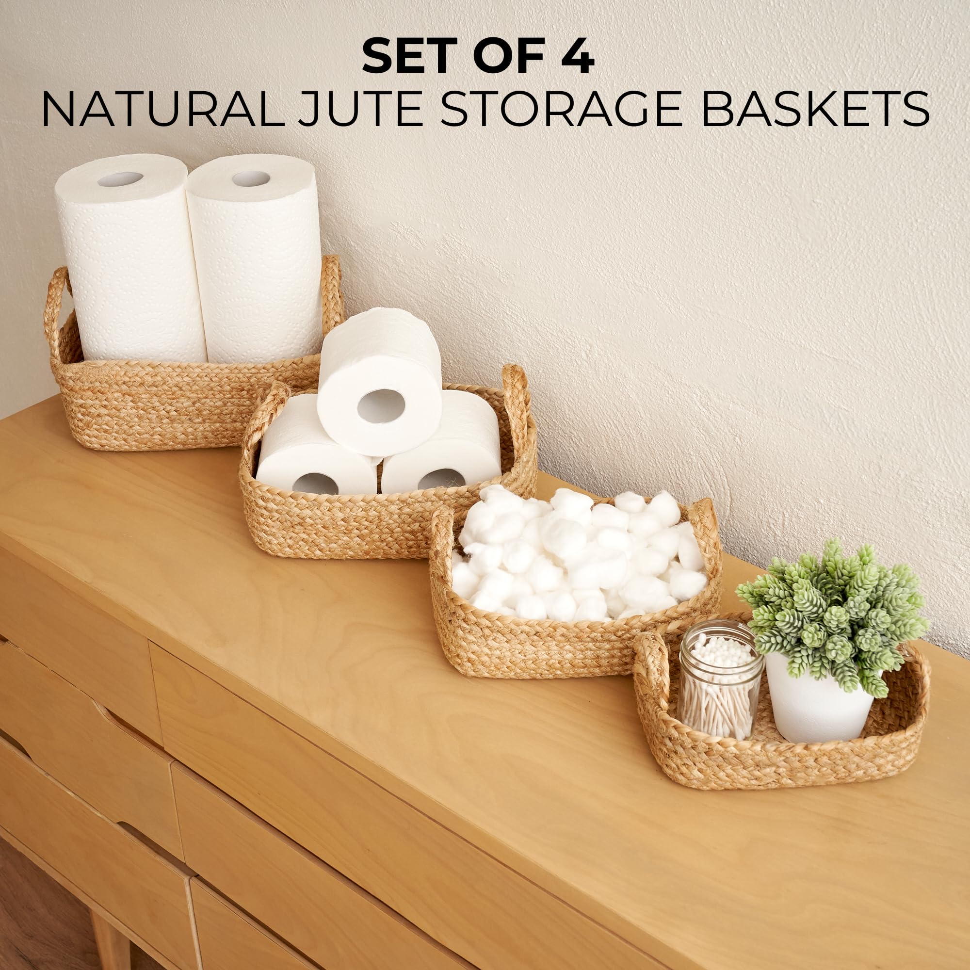Beautiful Storage Basket Set Of 4 - Natural Jute Rope Baskets For Shelves Are Perfect For Organizing Your Home - Quality Storage