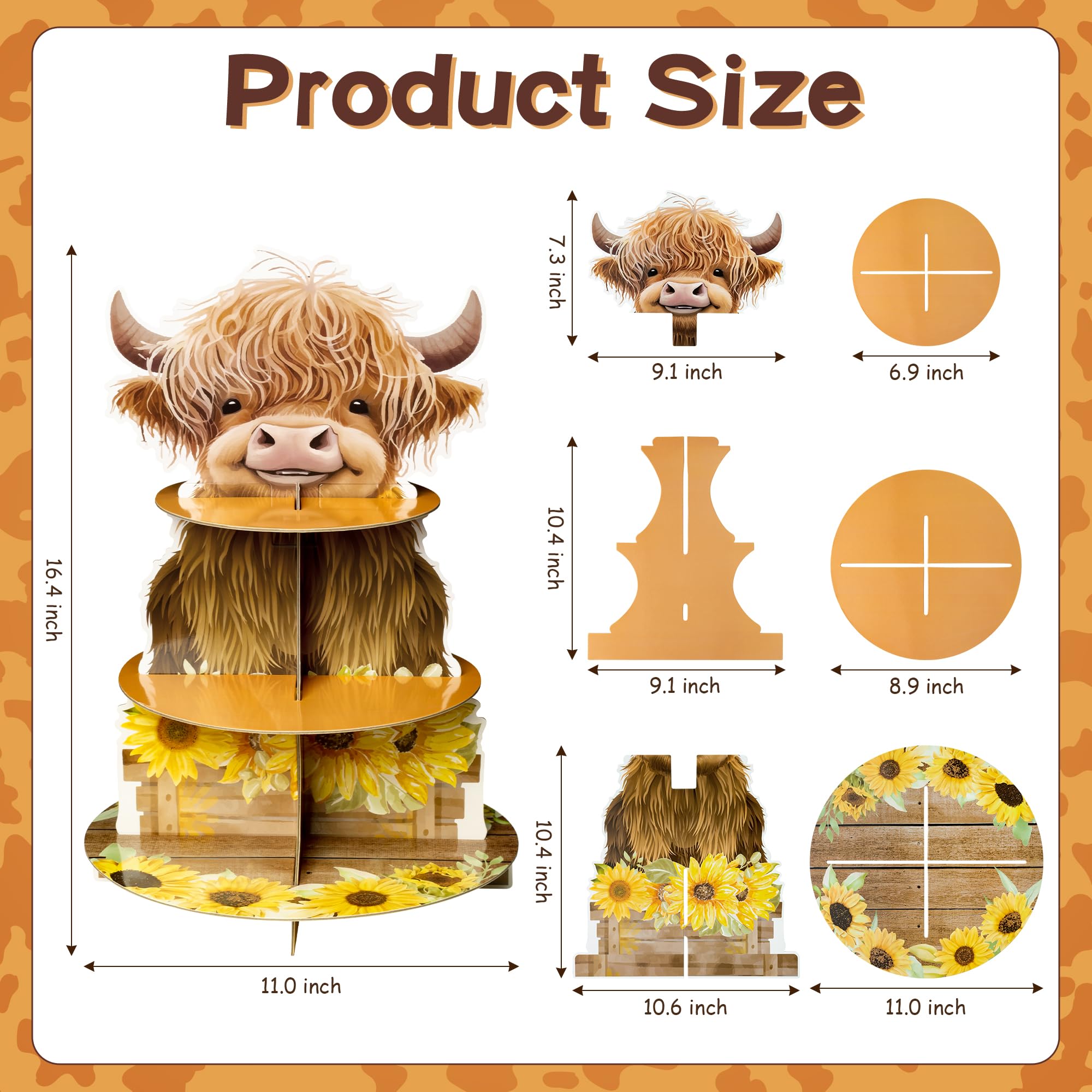Salovio Highland Cow Cupcake Stand - 3 Tiers Highland Cow Cupcake Stand Baby Highland Cow Birthday Party Cardboard Cupcake Holde