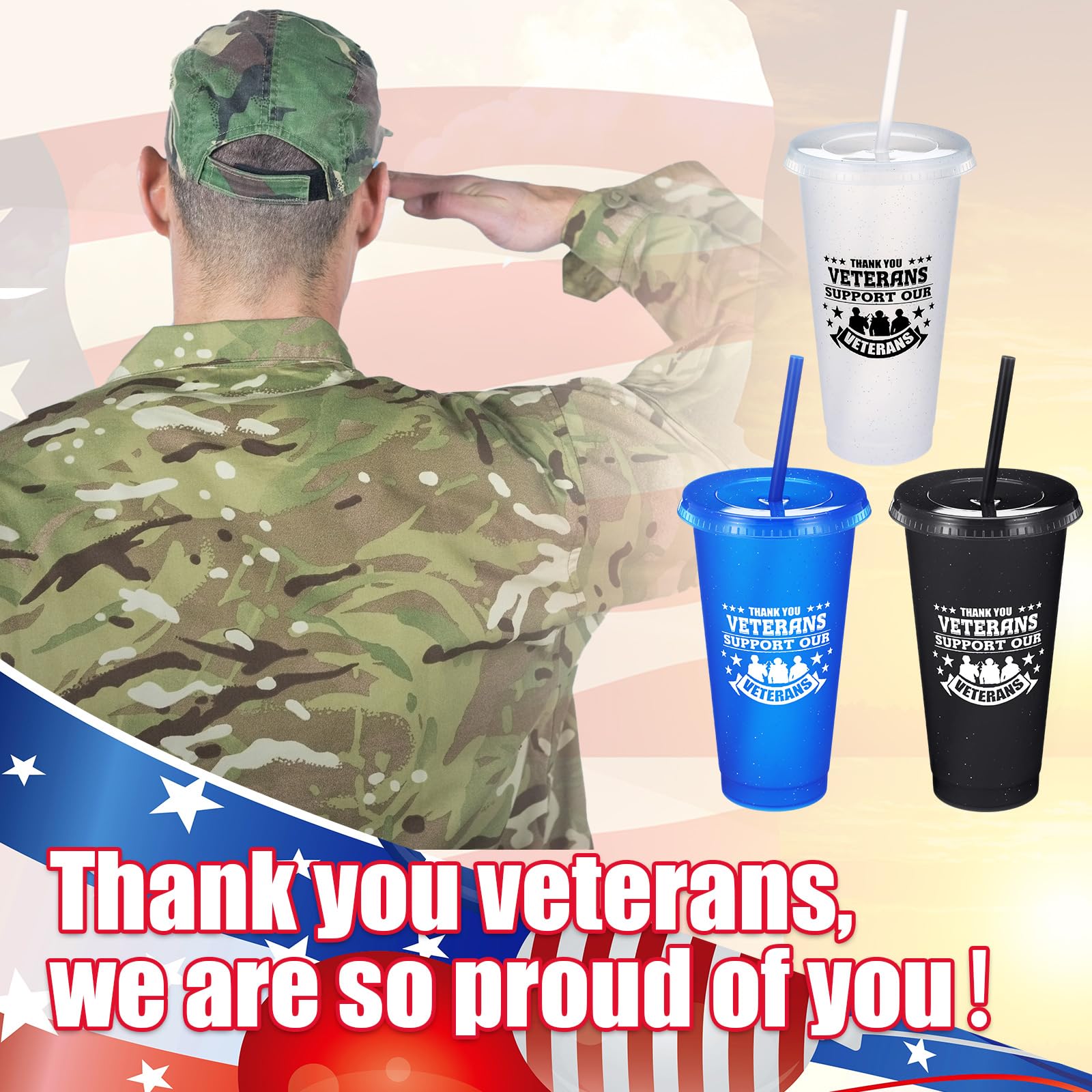 Skylety 24 Pcs Veterans Appreciation Gift 24 oz Support Our Veterans Day Gifts Plastic Coffee Cups with Straws and Lids Team Gif