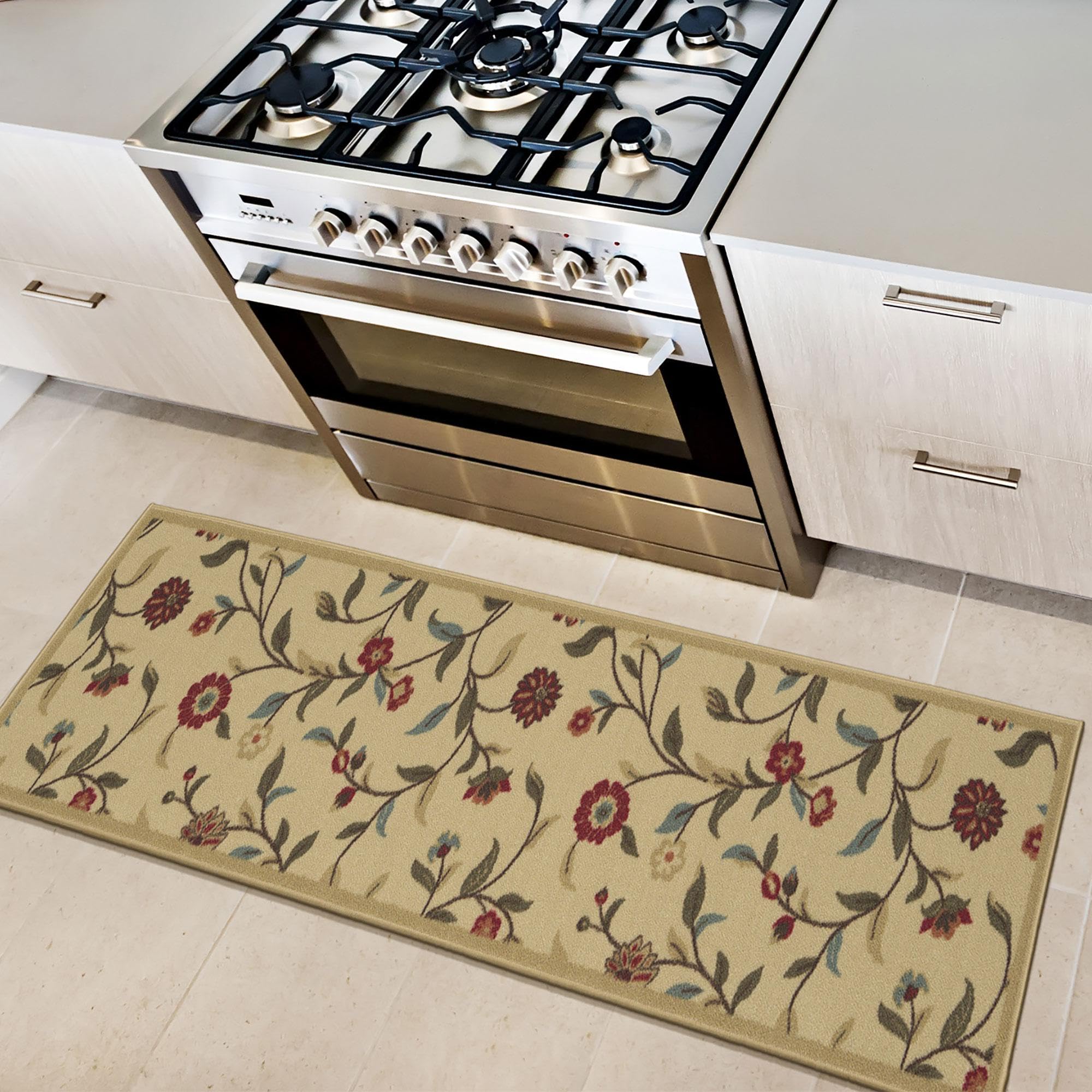 Ottomanson Ottohome Collection Non-Slip Rubberback Floral Leaves Design 2x5 Indoor Runner Rug, 20 x 59, Beige