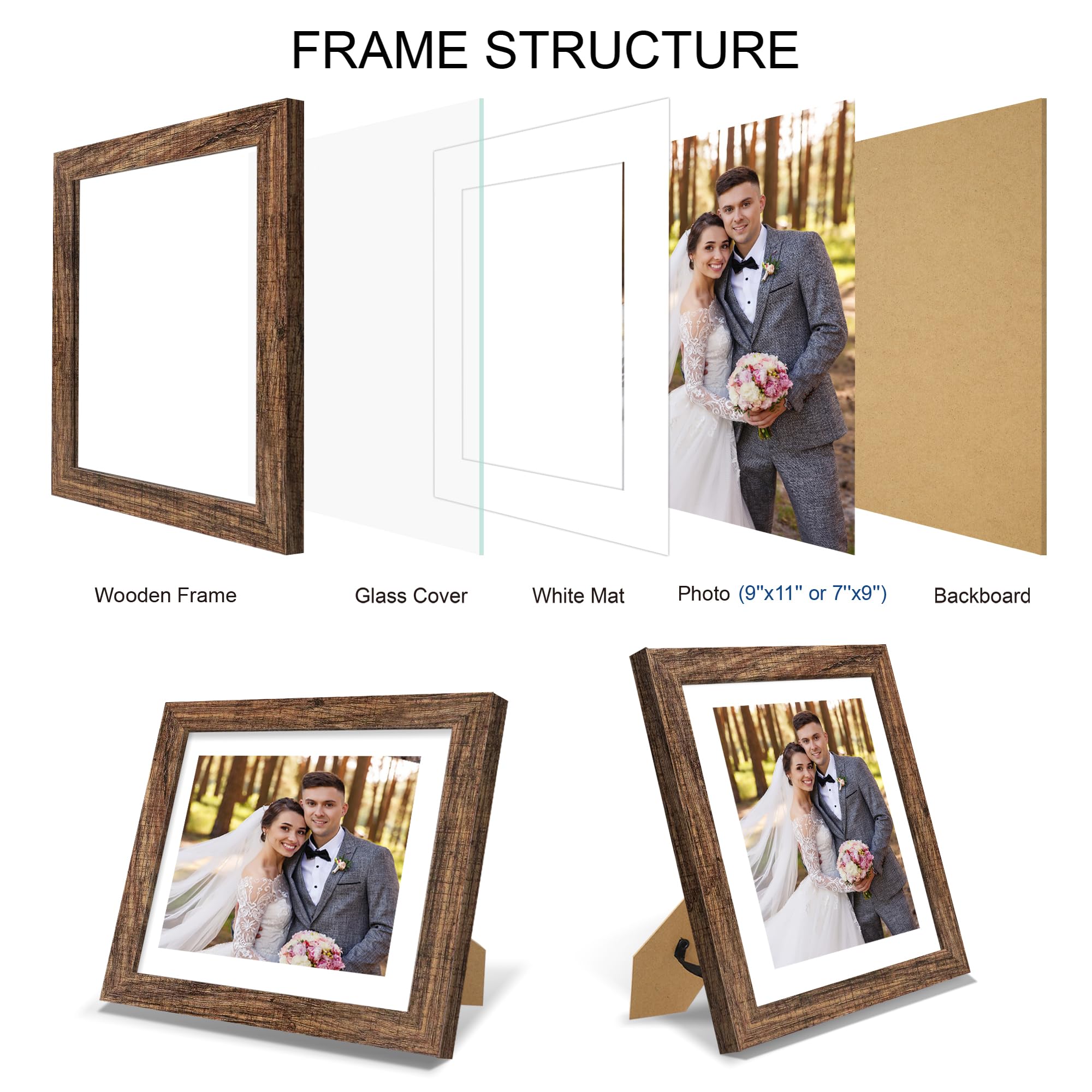 Hongkee 9x11 Picture Frame Set of 4, Made of Real Glass and Rustic Brown Frame - Display Picture 7x9 with Mat or 9x11 Without Ma