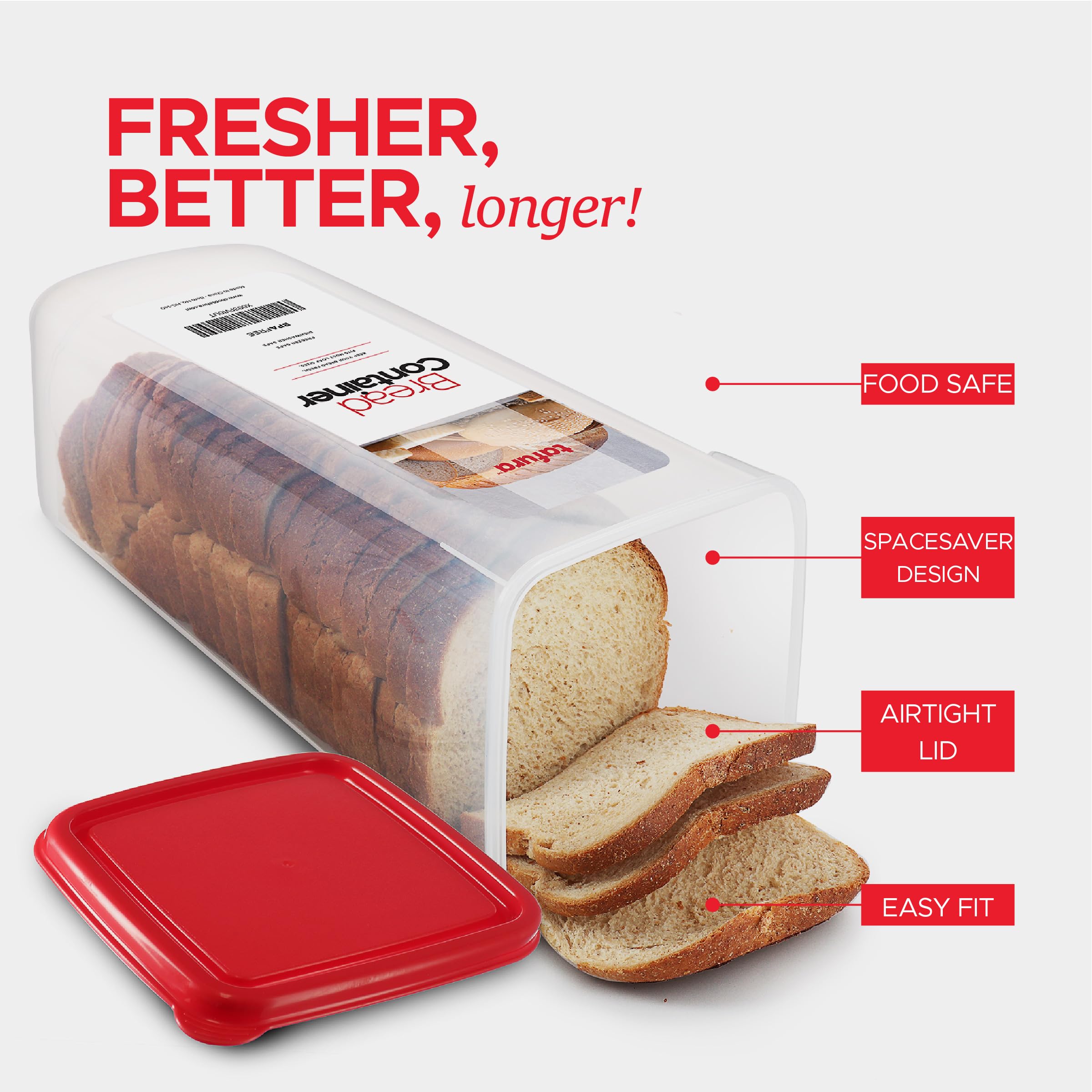 Tafura Bread Container | Bread Storage Container | Plastic Bread Box | Bread Loaf Keeper With Red Lid | Bread Saver Dispenser, B