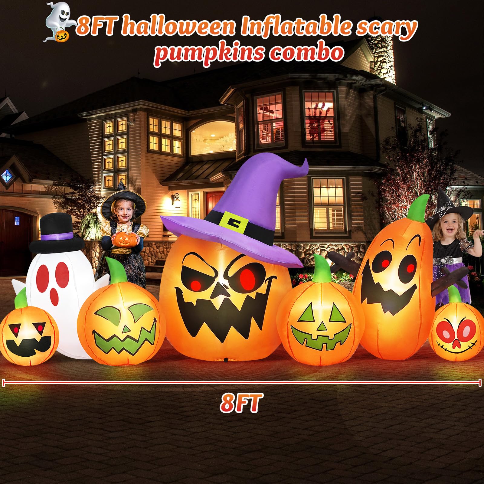 Danxilu 8FT Long Halloween Inflatables Outdoor Decorations, Haunted Inflatable Pumpkins with Witch Hat & Ghost Combo Blow Up Yar