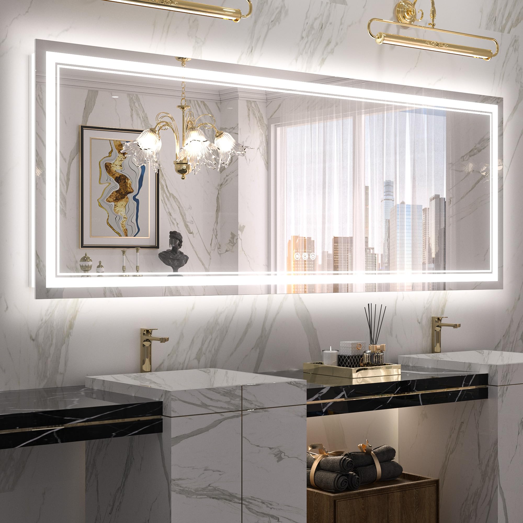 Keonjinn Led Bathroom Mirror 84'' X 32'' With Frontlit And Back Light, Large Stepless 3 Colors Temperature & Dimmable Wall Mirro