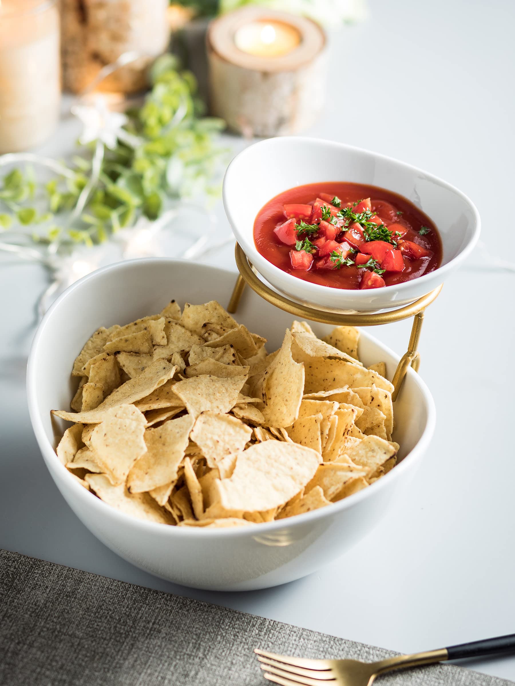 Miamolo Porcelain Serving Bowl Set For Appetizer Serving Dishes Set With 2 Compartment, Chip And Dip Taco Rack Display Salad Bar