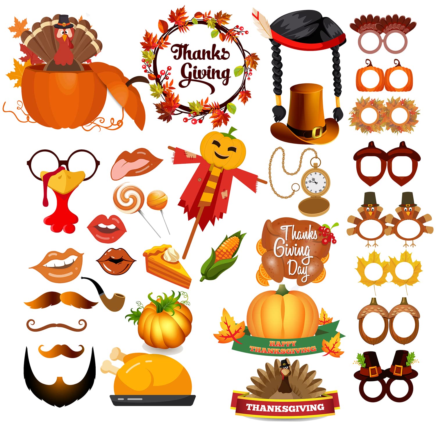 33Pcs Thanksgiving Photo Booth Props Funny Turkey Day Fall Photo Props Kits Diy Selfie Festival Autumn Pumpkin Props With Stick