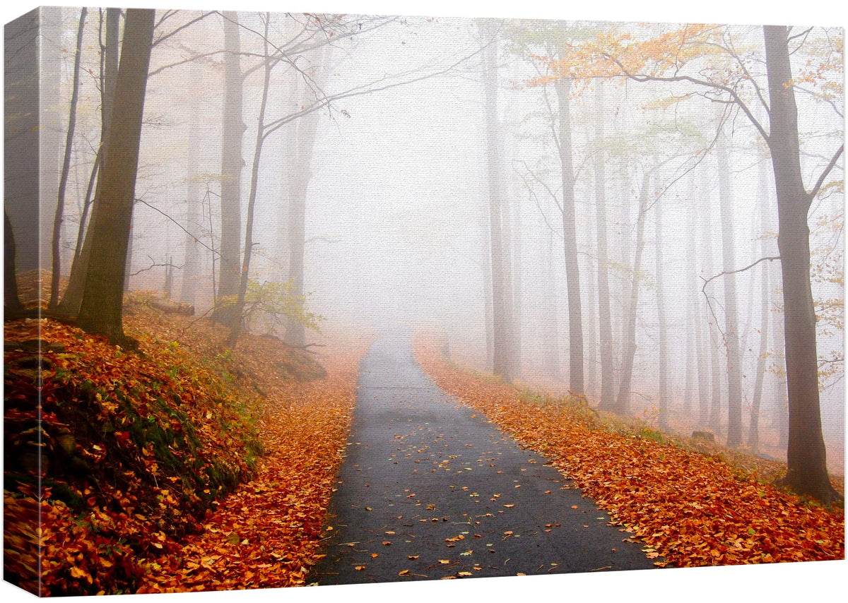 Wall26 Canvas Print Wall Art Foggy Autumn Forest Path With Orange Leaves Nature Wilderness Photography Modern Art Rustic Scenic