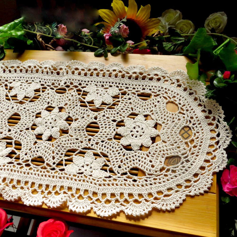 Kepswet Cotton Floral Oval Handmade Crochet Lace Table Runner Beige (12X36 Inch)