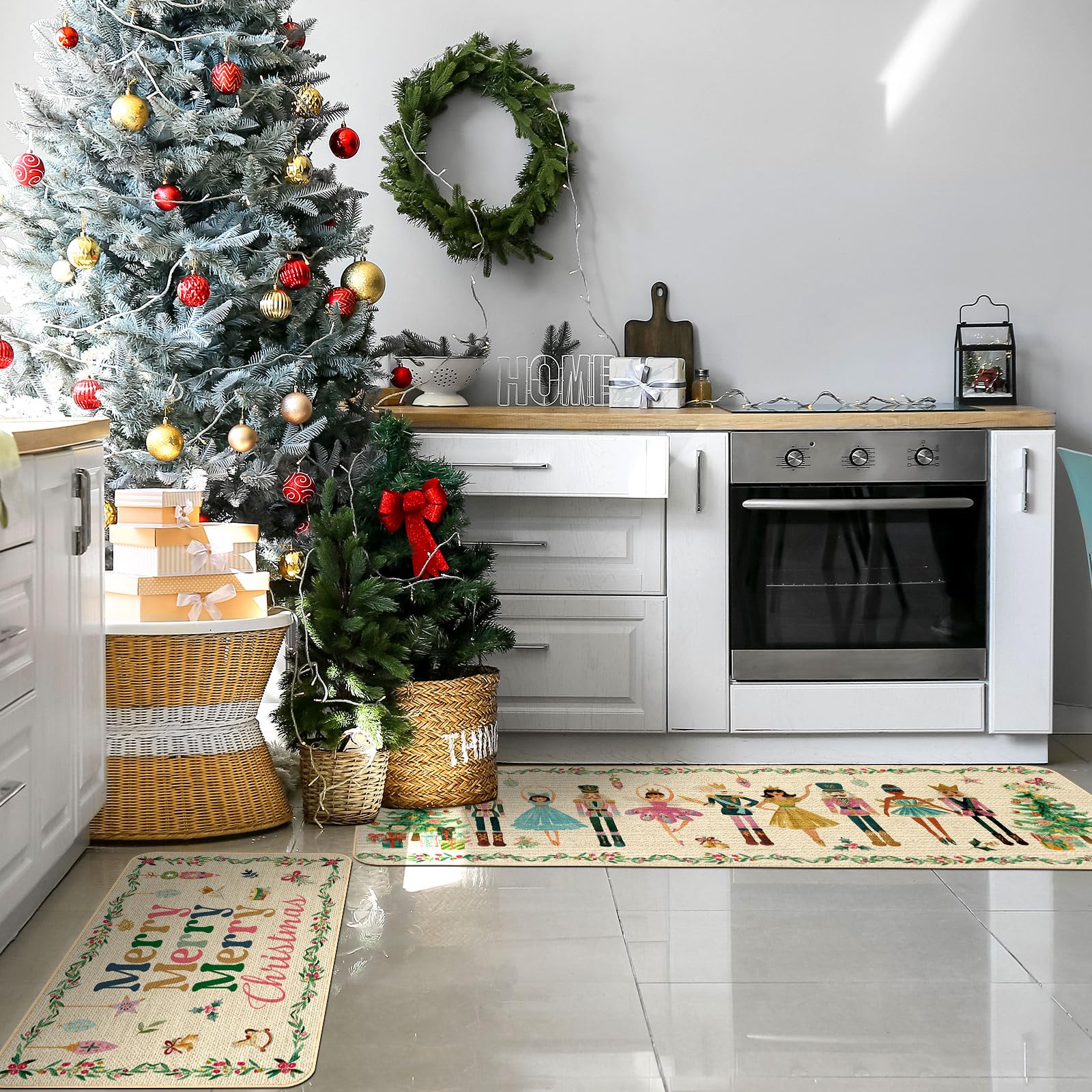 Drydiet 3 Pcs Purple Christmas Kitchen Rug and Mat Set Washable Purple Xmas Tree Kitchen Floor Mats Waterproof Non Slip Farmhous