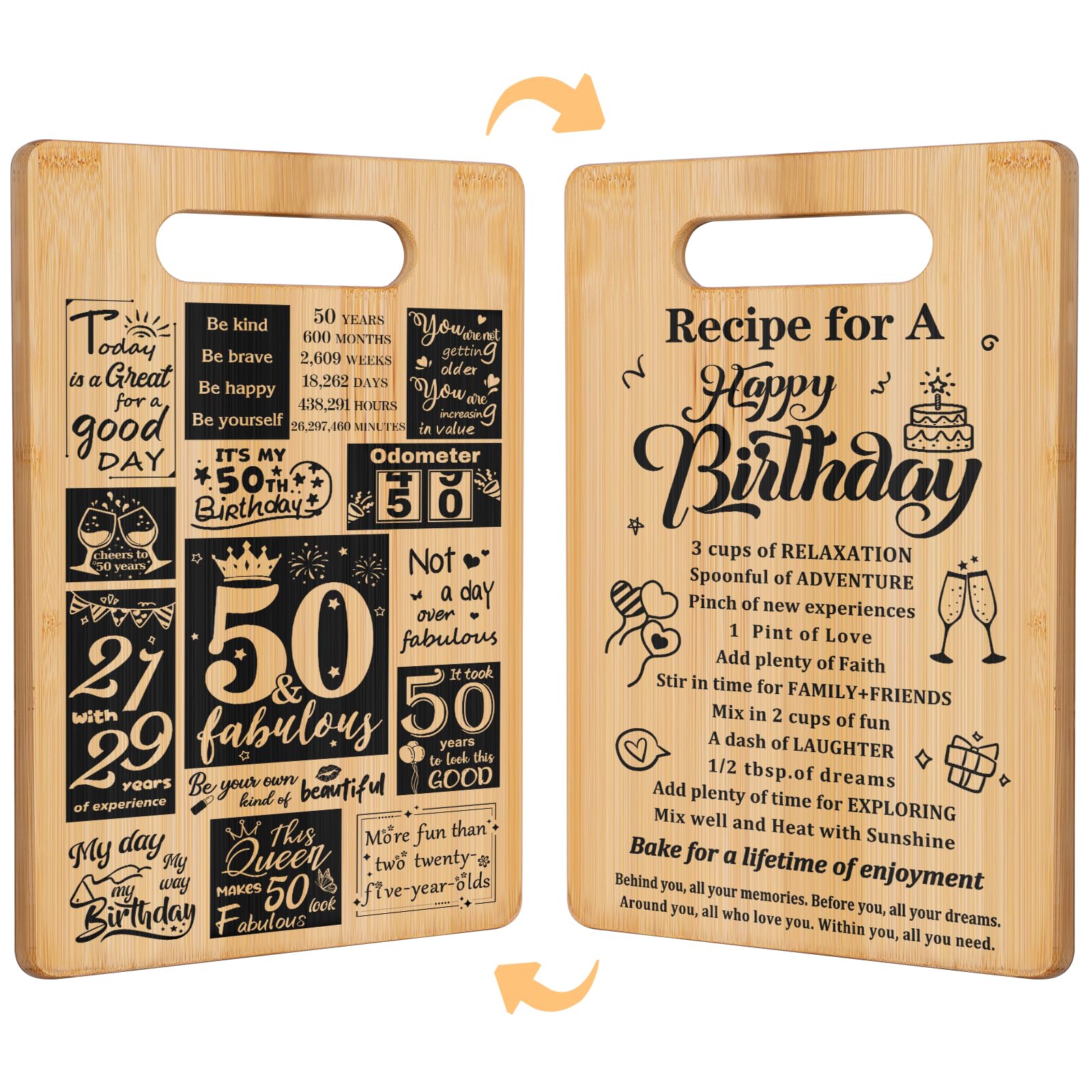 50th Birthday Gifts for Women Men,Turning 50 and Fabulous&Recipe for A Happy Birthday Double sided Cutting Board Gift for Her Hi