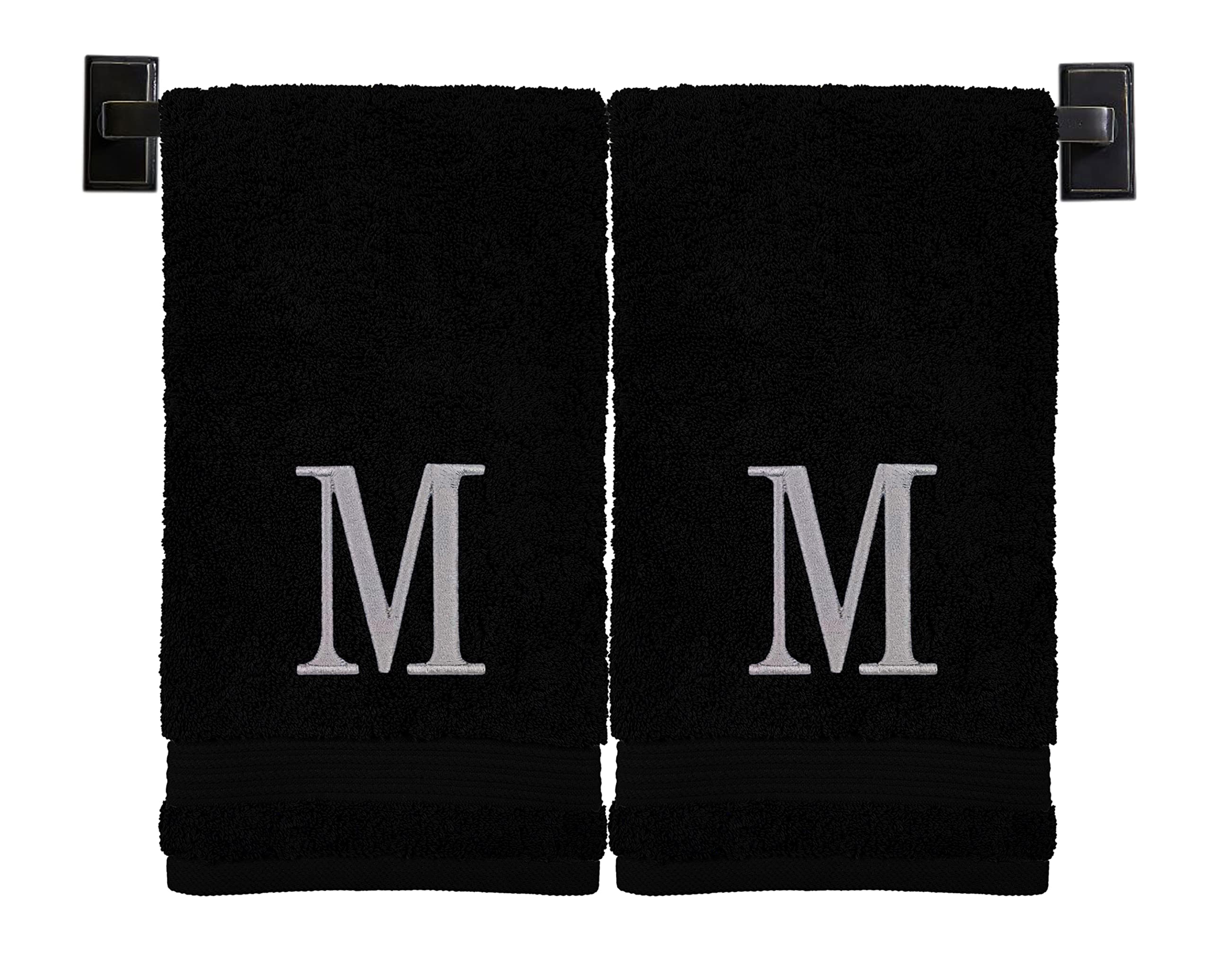 Custom Luxury Towels Turkish Hand Towels, Set Of 2, Monogrammed, 100% Cotton, 27X16 Inches, Black - Silver Thread