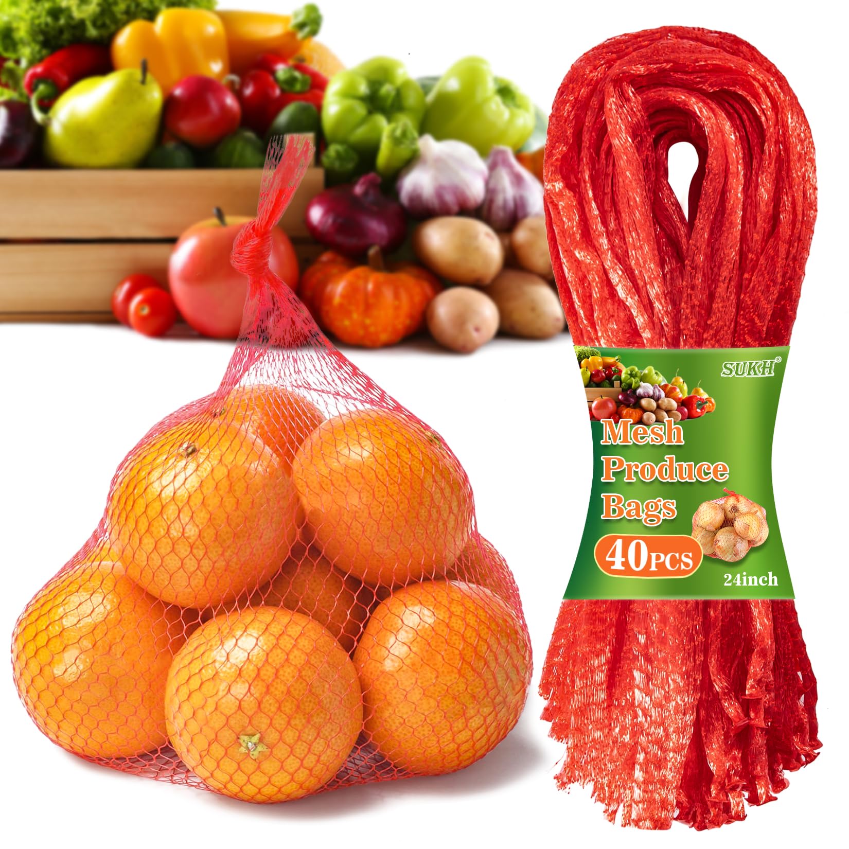 Sukh 90PCS Mesh Produce Bags - 24Inch Mesh Vegetable Bags Onion Storage Net Produce Seafood Net for vegetables Storage Fruits Se