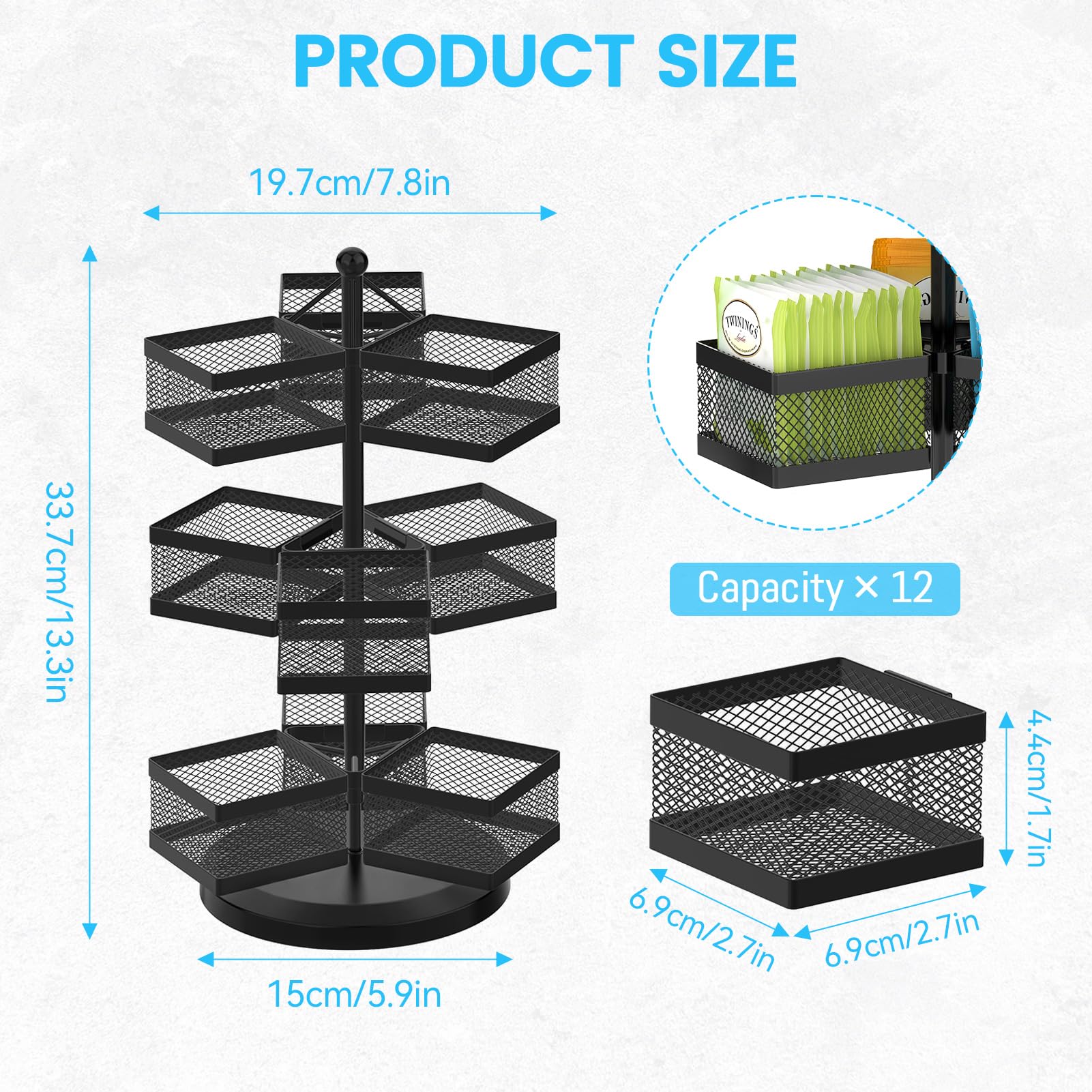 Idavosic.Ly 3 Tier Tea Bag Organizer, Tea Packet Storage Holder Spinning Carousel With 9 Compartments, Rotating Metal Tea Bag Ca