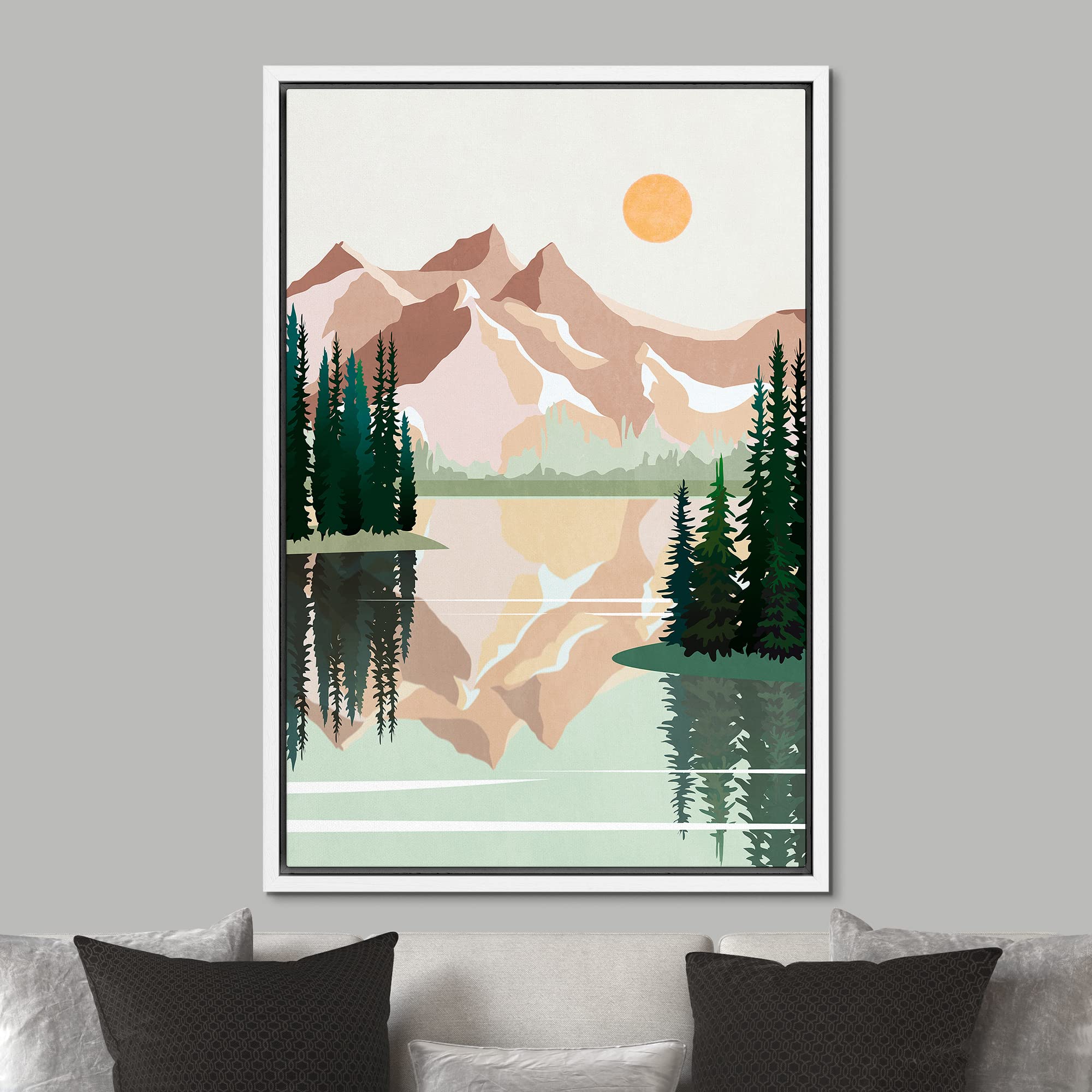 Signford Framed Canvas Print Wall Art Pastel Winter Mountain Forest Lake Reflection Nature Wilderness Illustrations Modern Art D