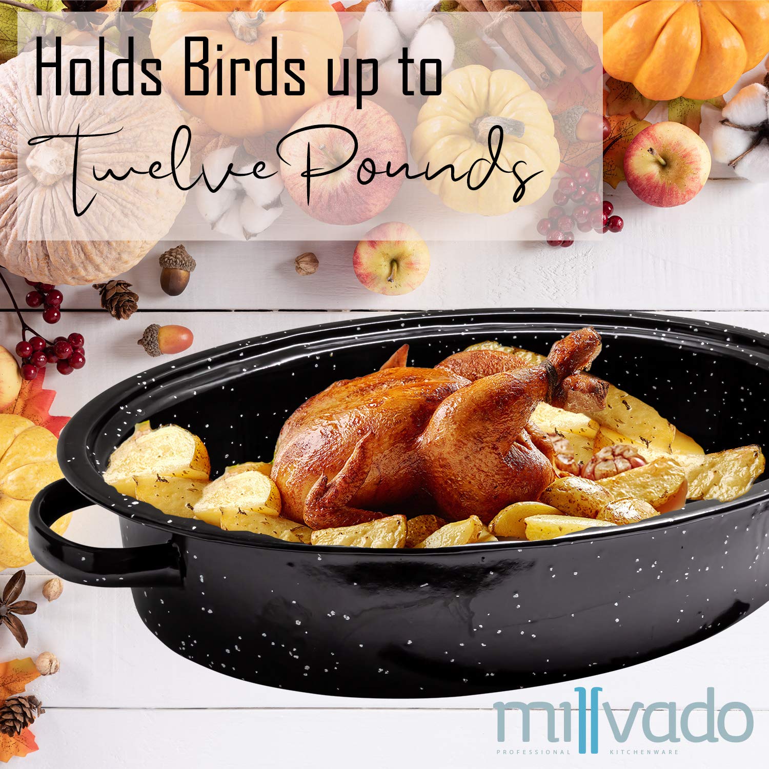 Millvado Granite Roasting Pan, 12 Lb Capacity Turkey Roasting Pan With Lid, 16'' Granite Oven Roaster Oval Shaped Speckled Ename