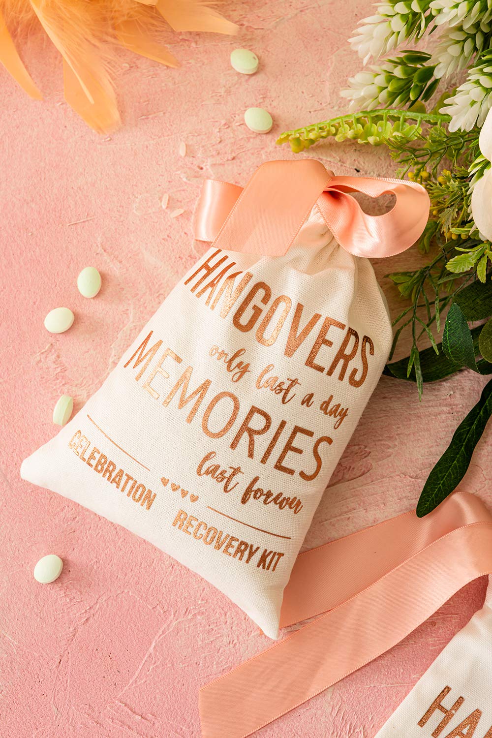10 Pcs 5''X7'' Bridal Shower Party Gift Bags - Rose Gold Foil ''Hangovers'' - Bachelorette Hangover Kit Bags - Cotton Recovery K