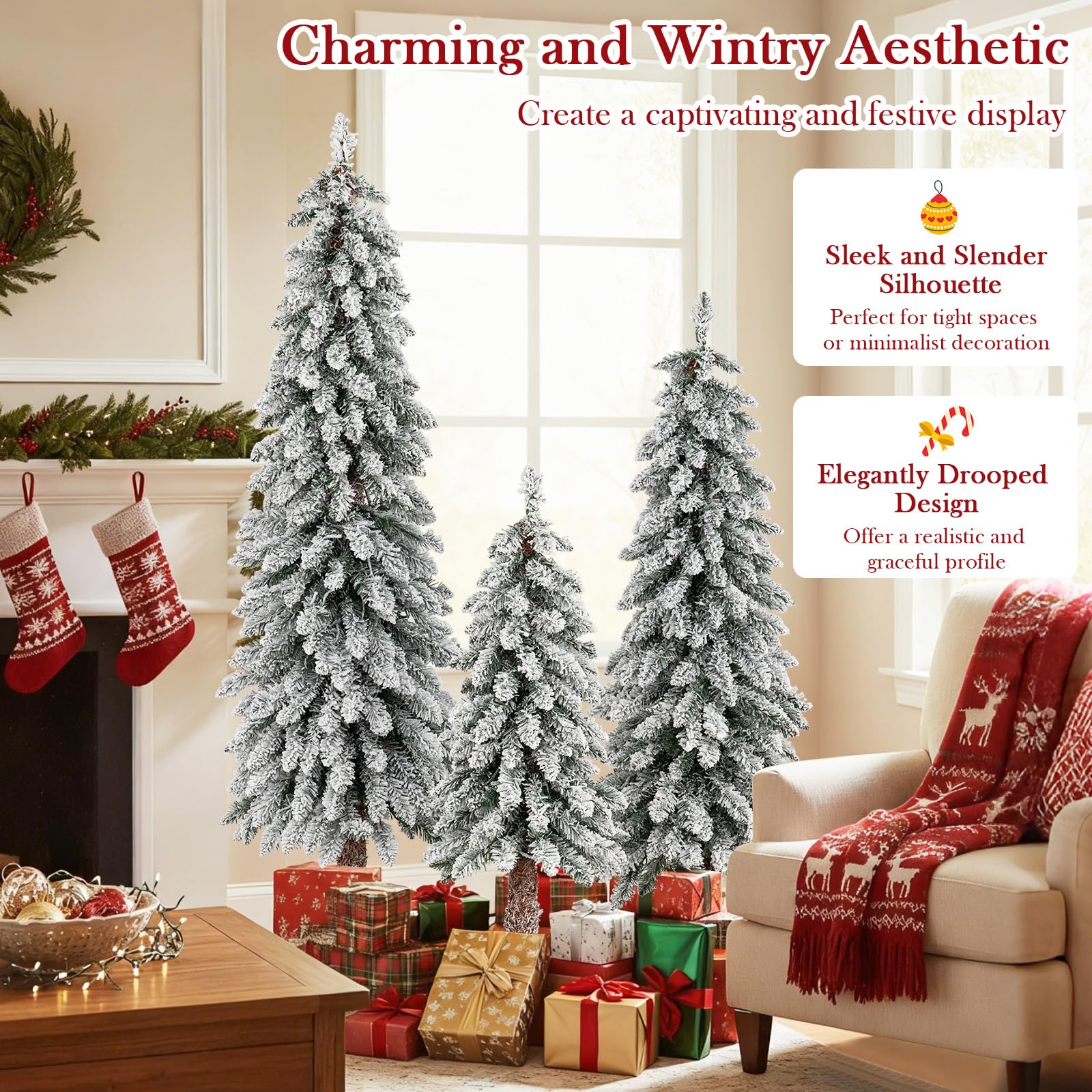 Goplus 3 4 5 Pre-Lit Snow Flocked Christmas Tree Set of 3, Slim Pencil Artificial Xmas Trees with 300 Multicolored LED Lights