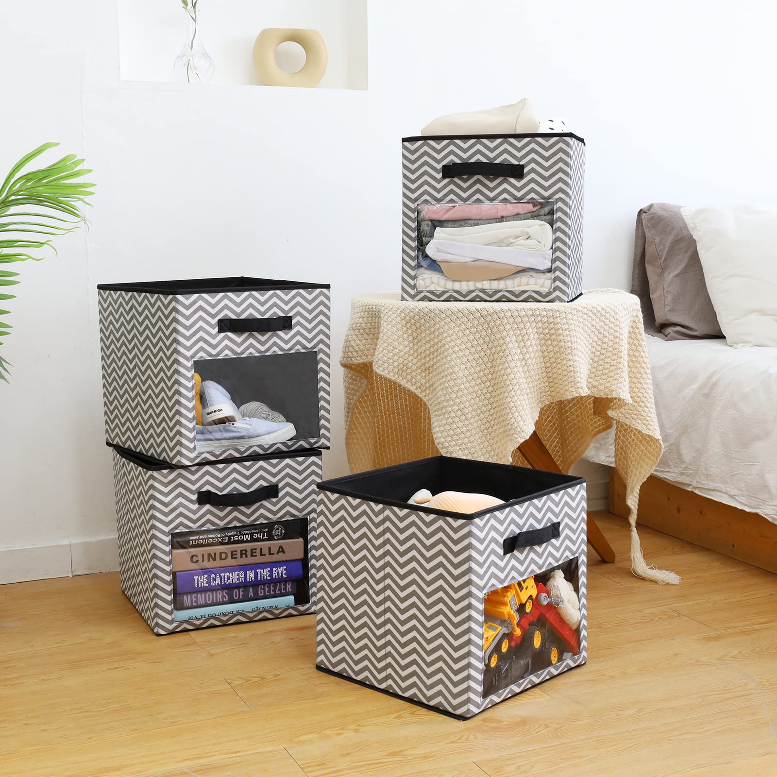 Domeraax Cube Storage Bin 4 Pack With Clear Window Large Boxes Basket With Handles Fabric Closet Organizer 13'' X 13'' X 13'' Gr