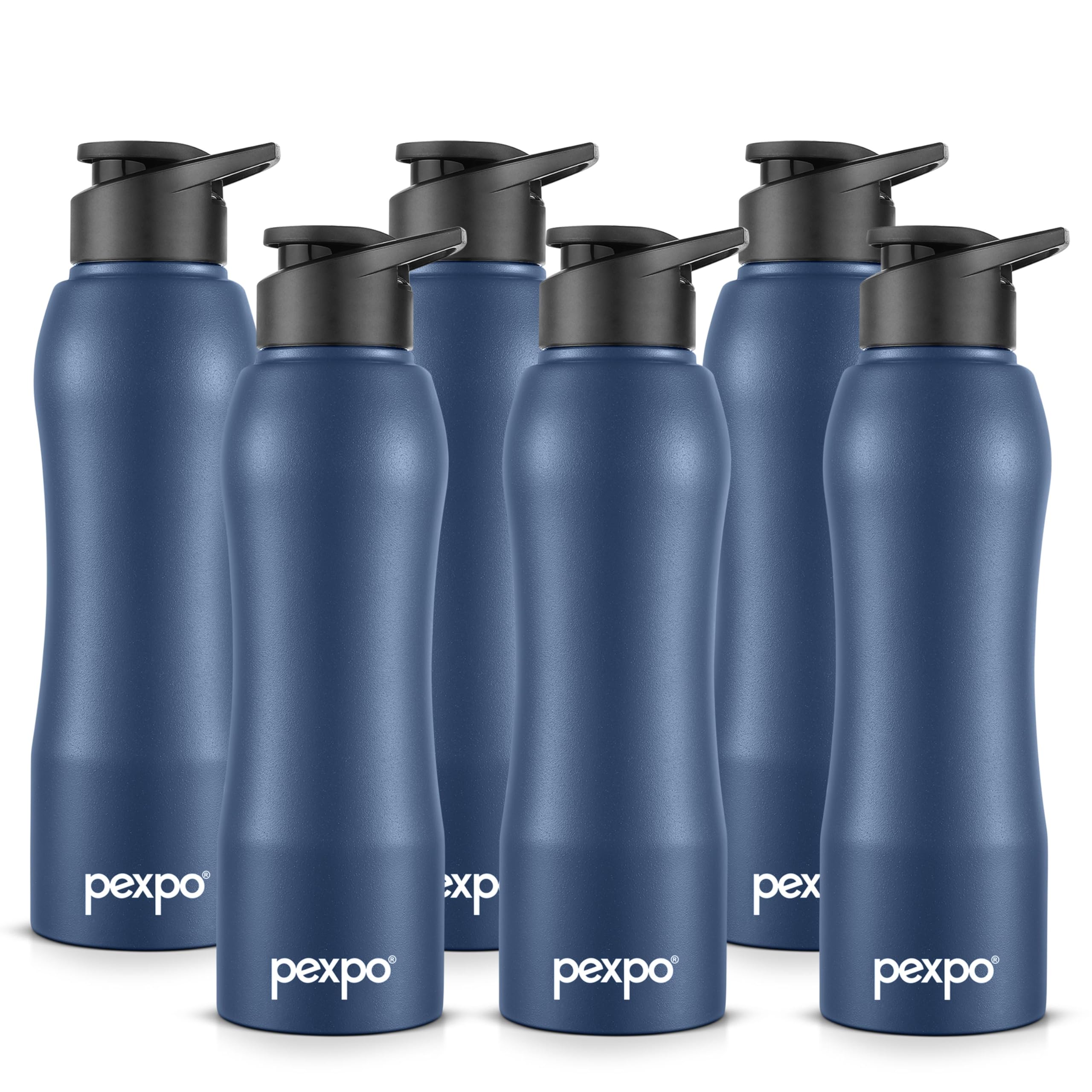 Pexpo Bistro Isi Certified Stainless Steel Fridge/Sports Sipper Water Bottle 1 Litre, Denim Blue, Pack Of 6|Single Wall|Easy Gri