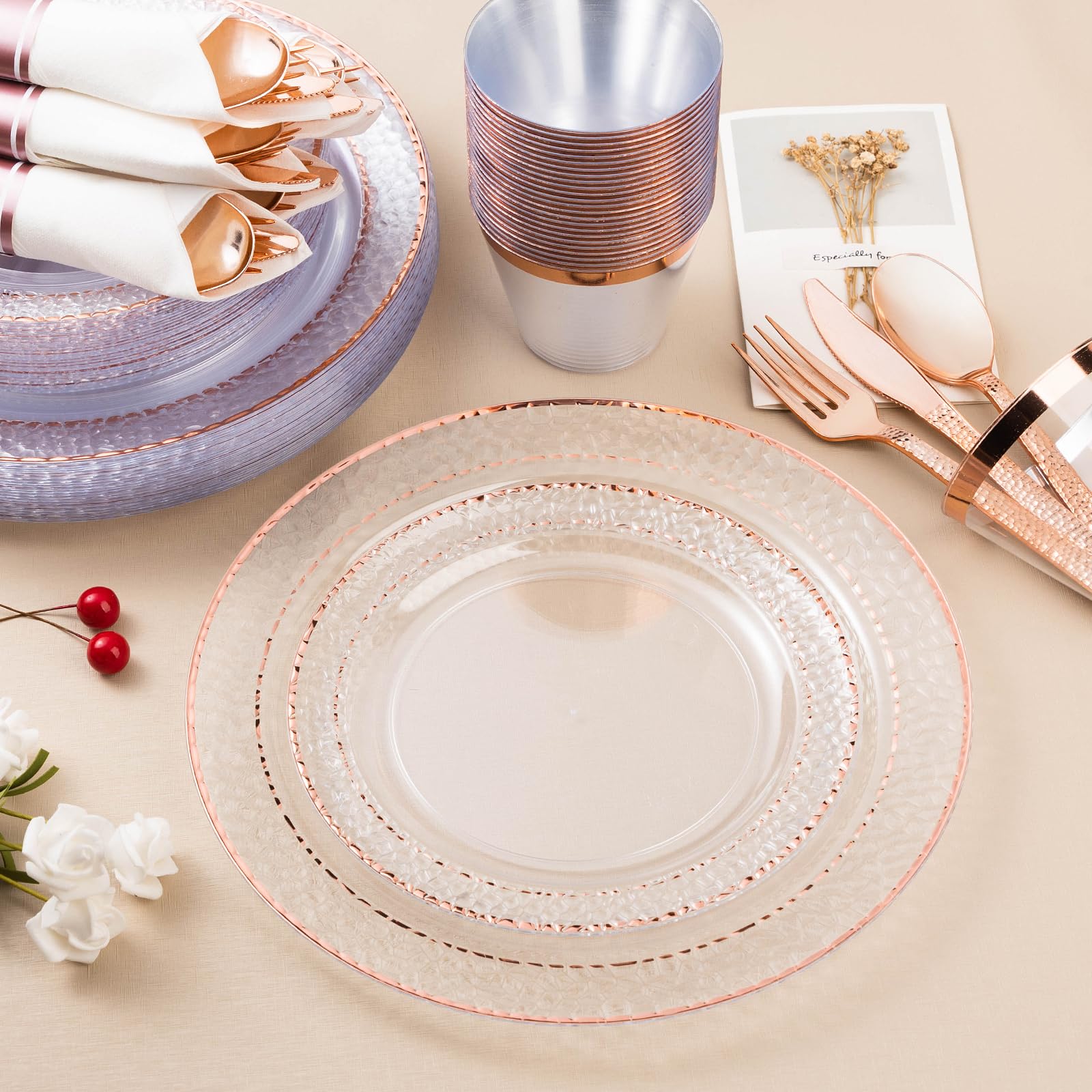 Bestluck 350Pcs Clear Plastic Plates With Rose Gold Trim For 50 Guests, Disposable Dinnerware Set For Party, Valentine'S Day, In