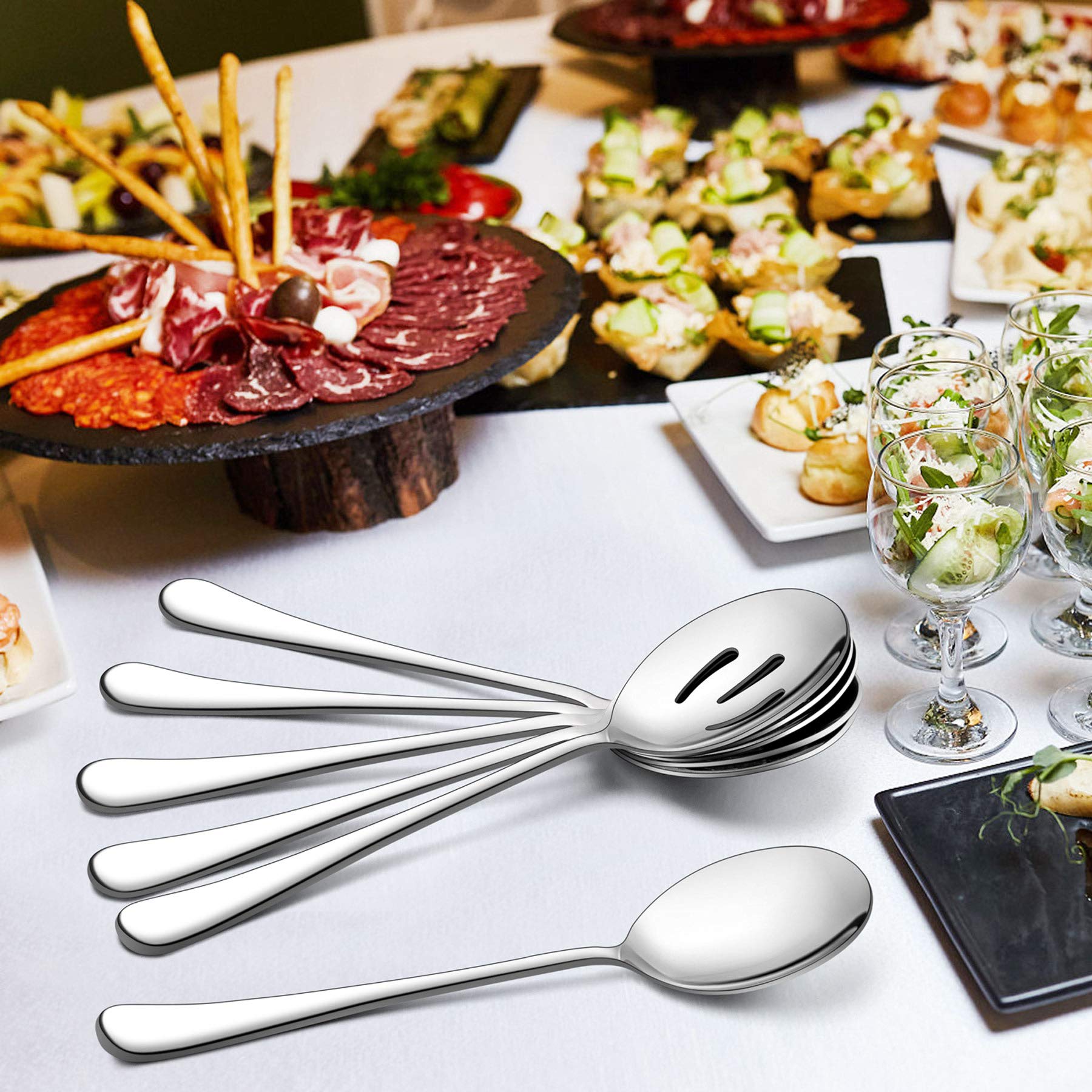 Lianyu 6-Piece Serving Spoons And Forks, 8 3/4 Inch Stainless Steel Buffet Catering Party Banquet Serving Spoon Fork Set, Mirror