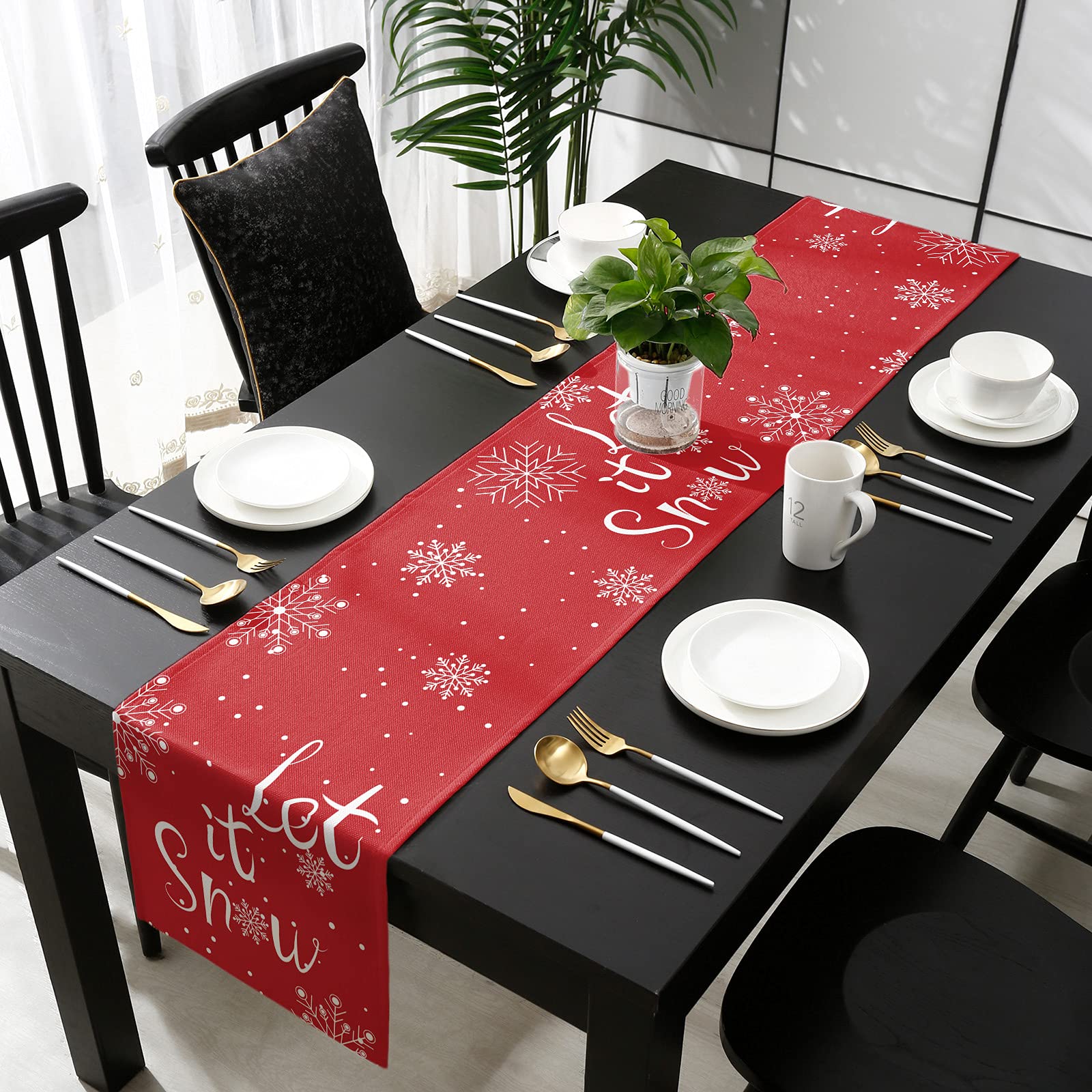 Christmas Table Runner-Cotton Linen-Let It Snow Dinner Scarf D  Cor,Long 108 Inch Holiday Winter Snowflake Dresser Scarves,Farmh